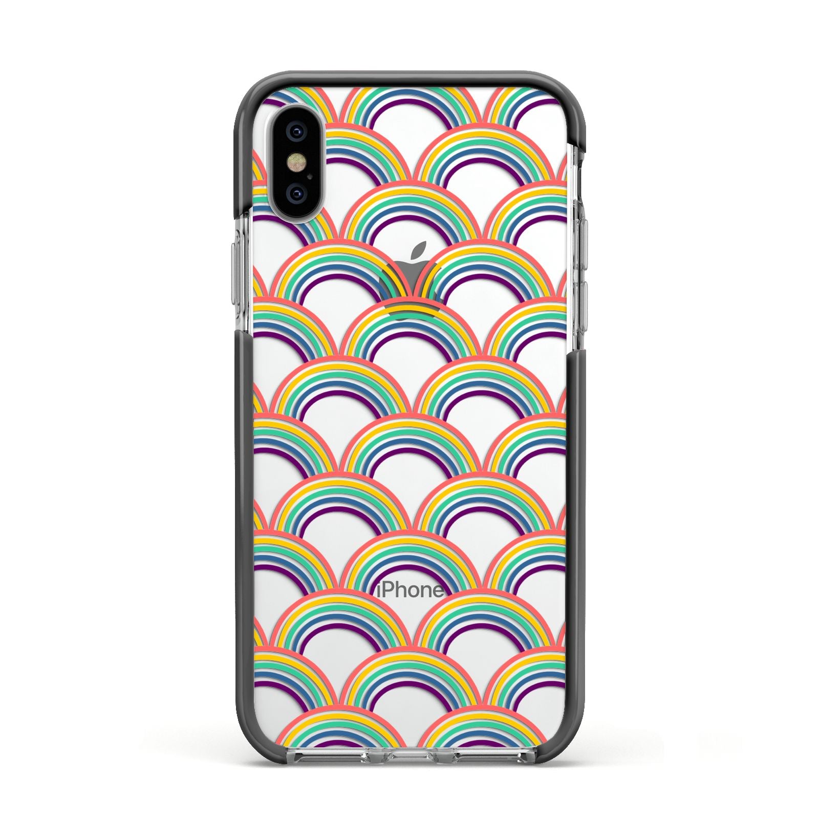 Rainbow Pattern Apple iPhone Xs Impact Case Black Edge on Silver Phone