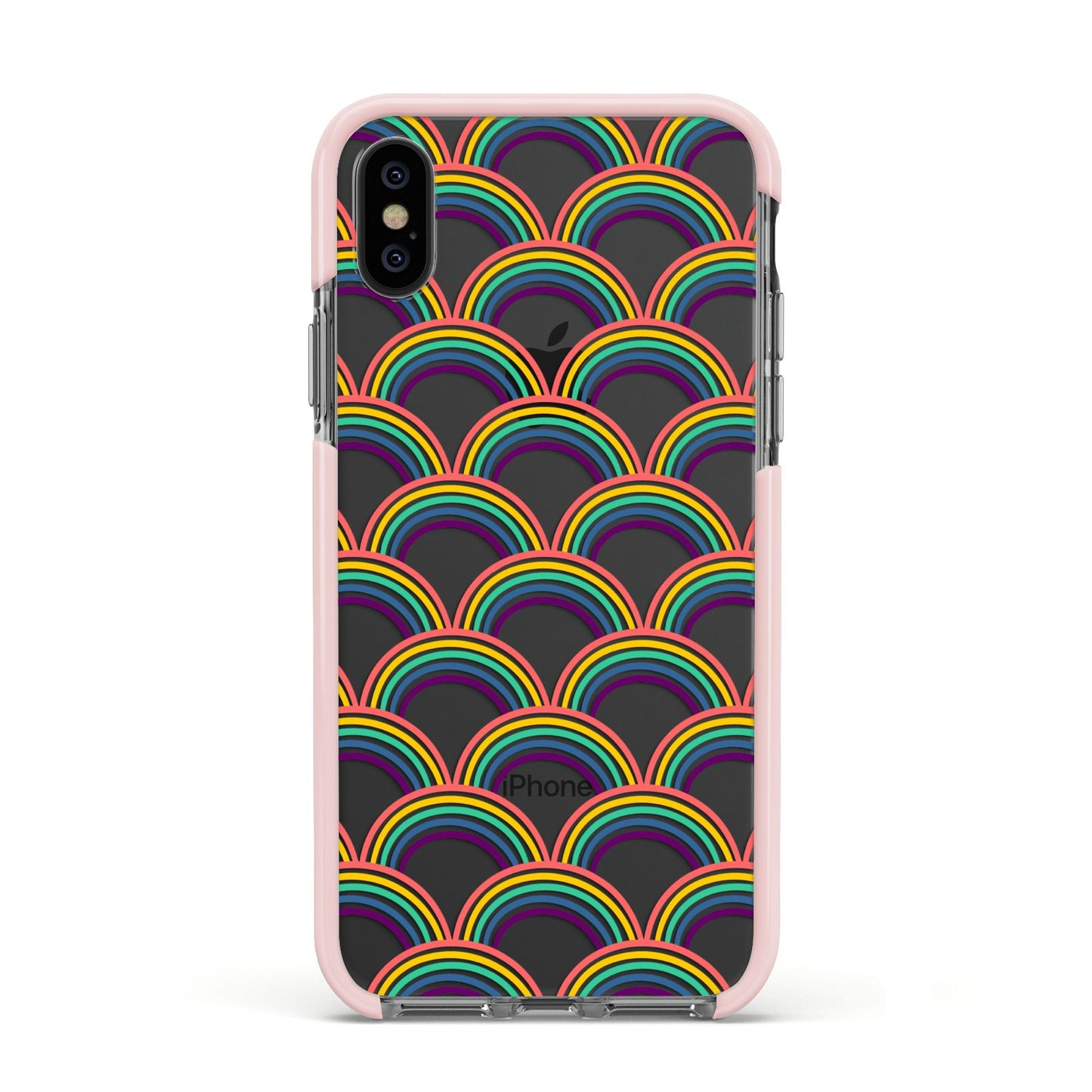 Rainbow Pattern Apple iPhone Xs Impact Case Pink Edge on Black Phone