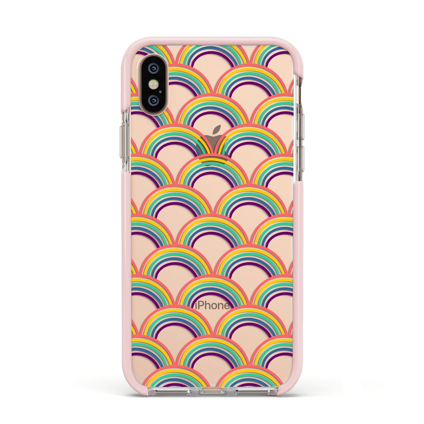 Rainbow Pattern Apple iPhone Xs Impact Case Pink Edge on Gold Phone