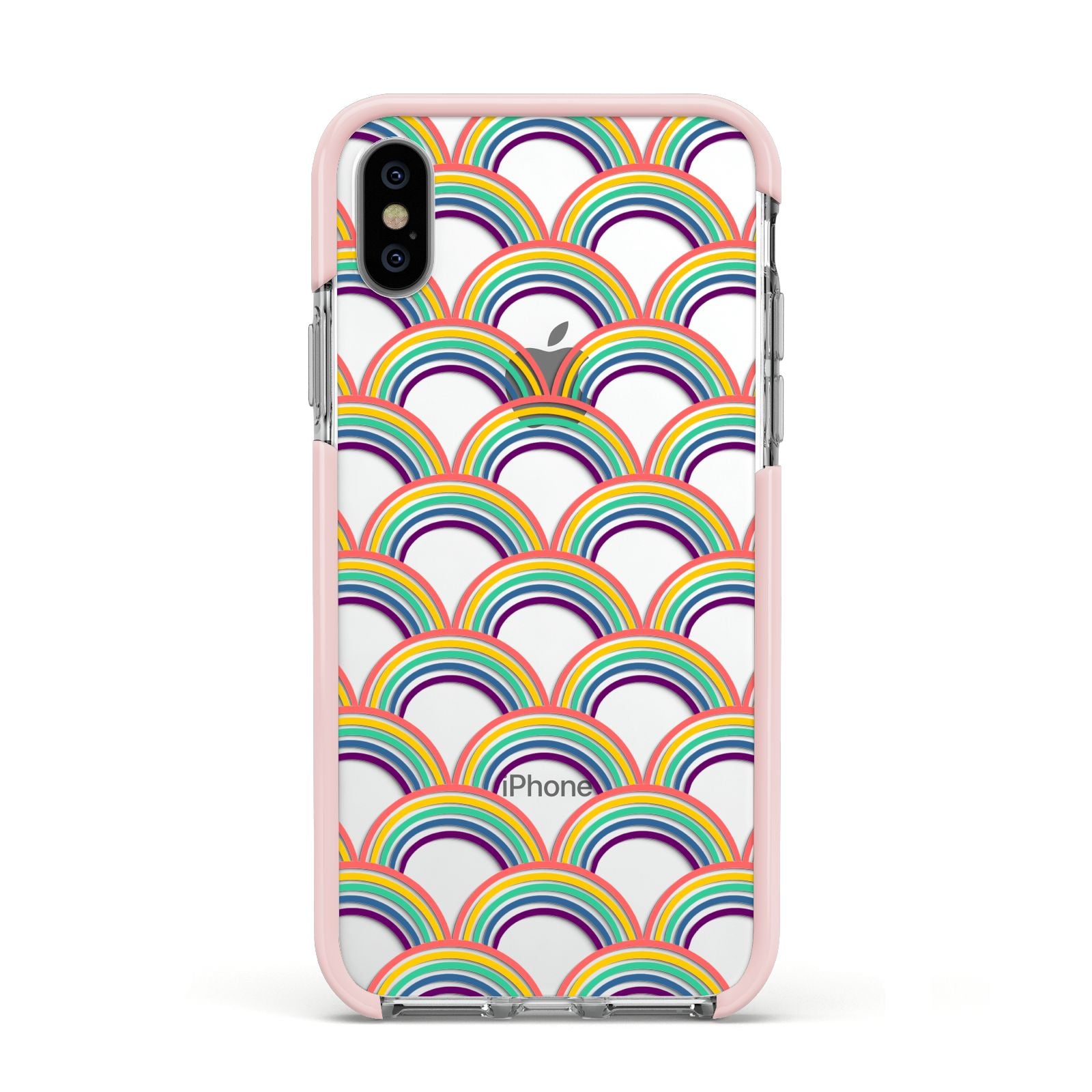 Rainbow Pattern Apple iPhone Xs Impact Case Pink Edge on Silver Phone