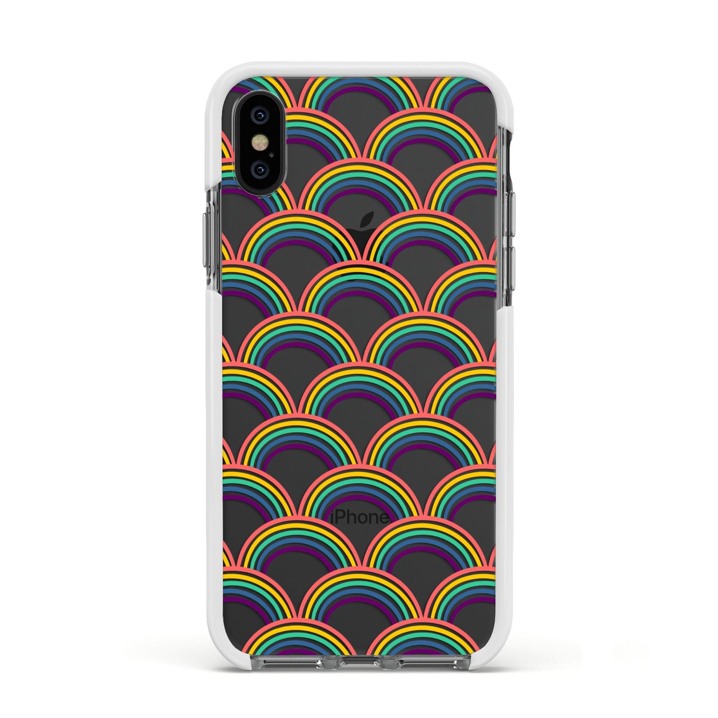 Rainbow Pattern Apple iPhone Xs Impact Case White Edge on Black Phone