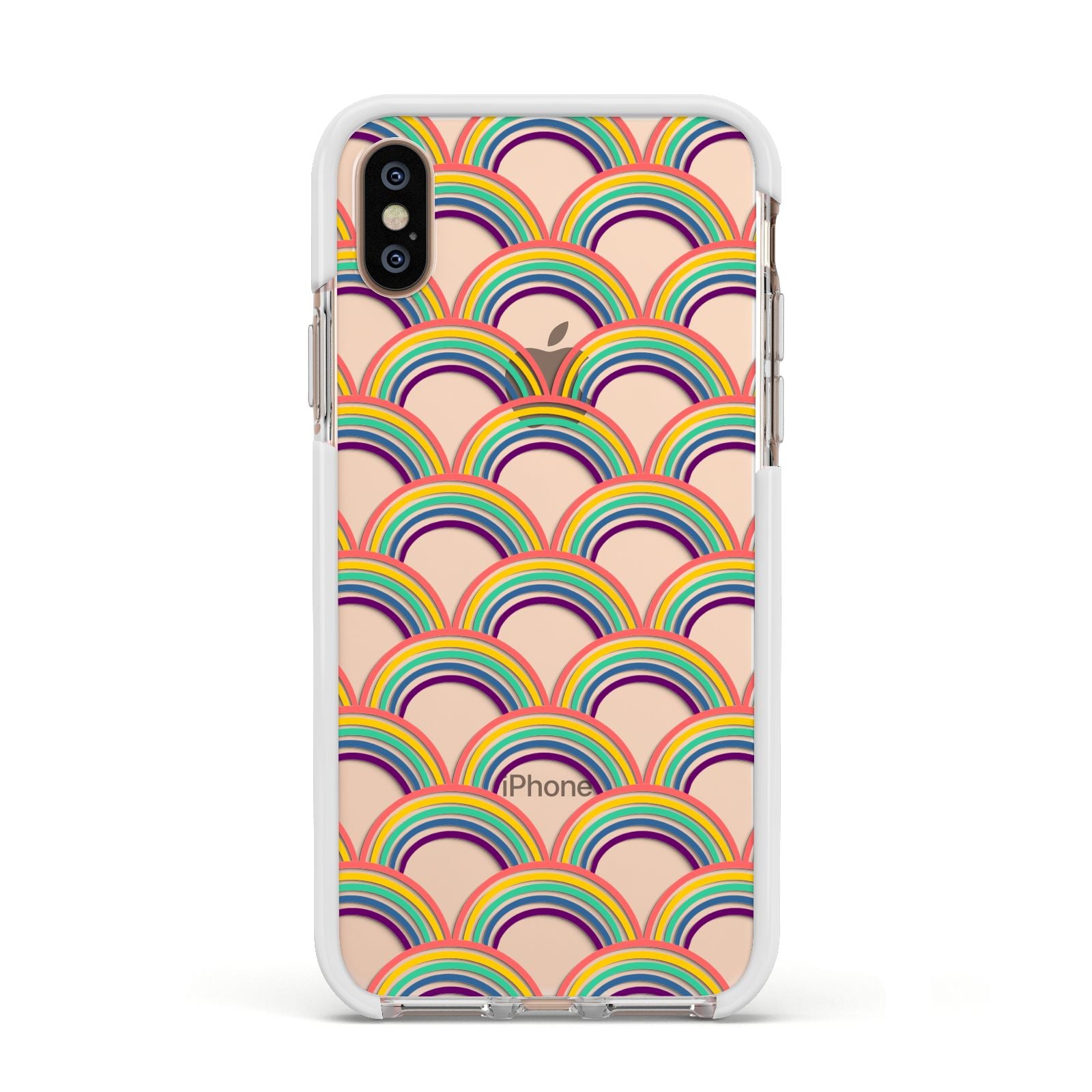 Rainbow Pattern Apple iPhone Xs Impact Case White Edge on Gold Phone