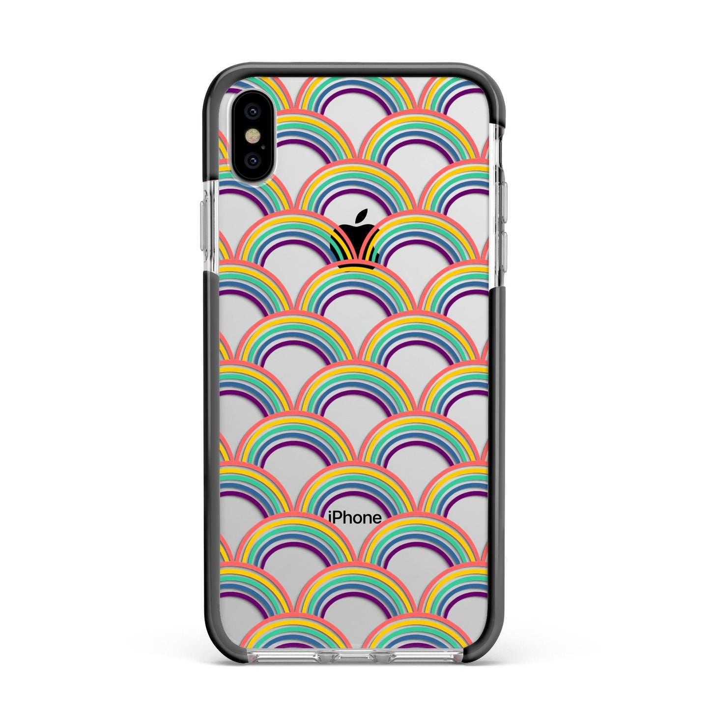 Rainbow Pattern Apple iPhone Xs Max Impact Case Black Edge on Silver Phone