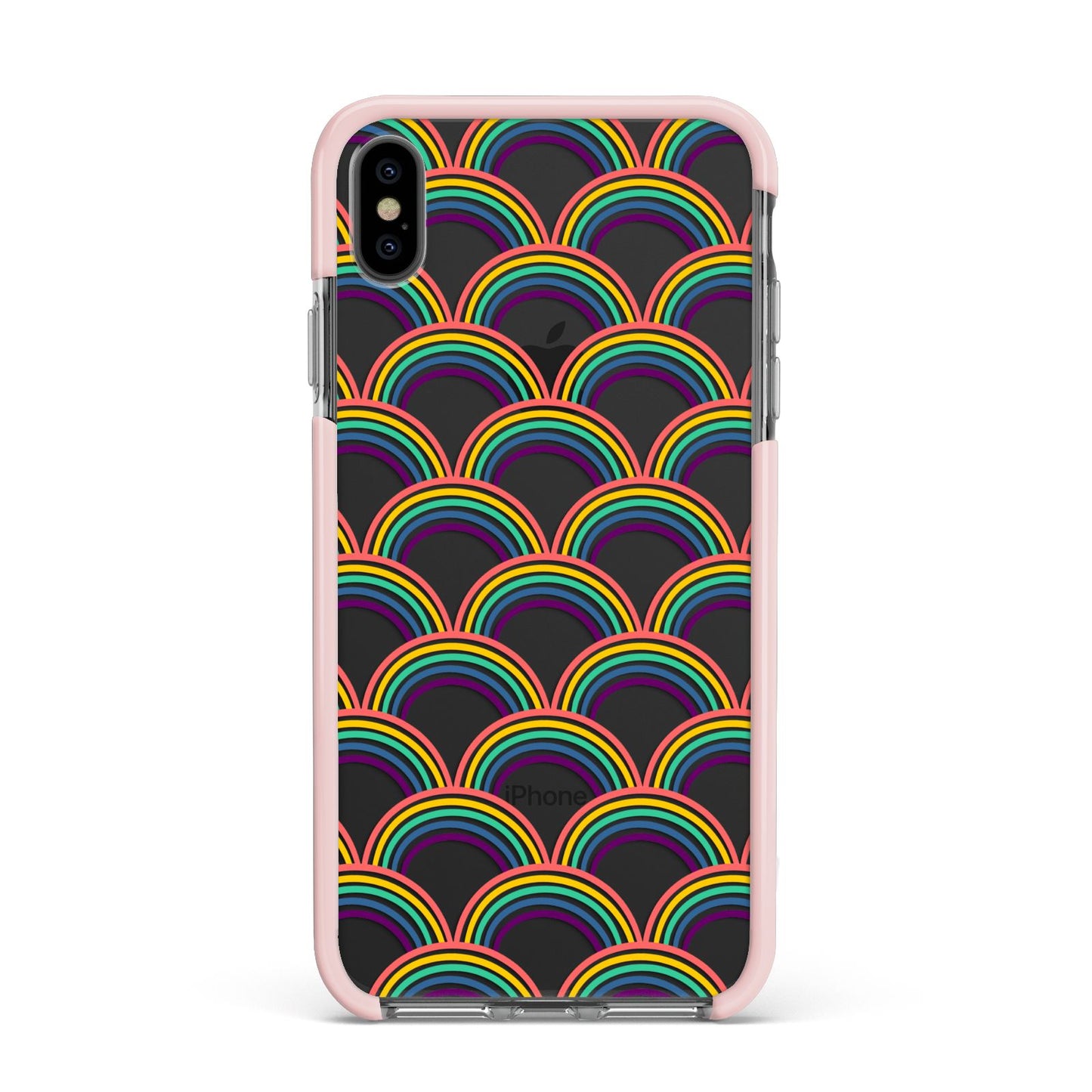 Rainbow Pattern Apple iPhone Xs Max Impact Case Pink Edge on Black Phone