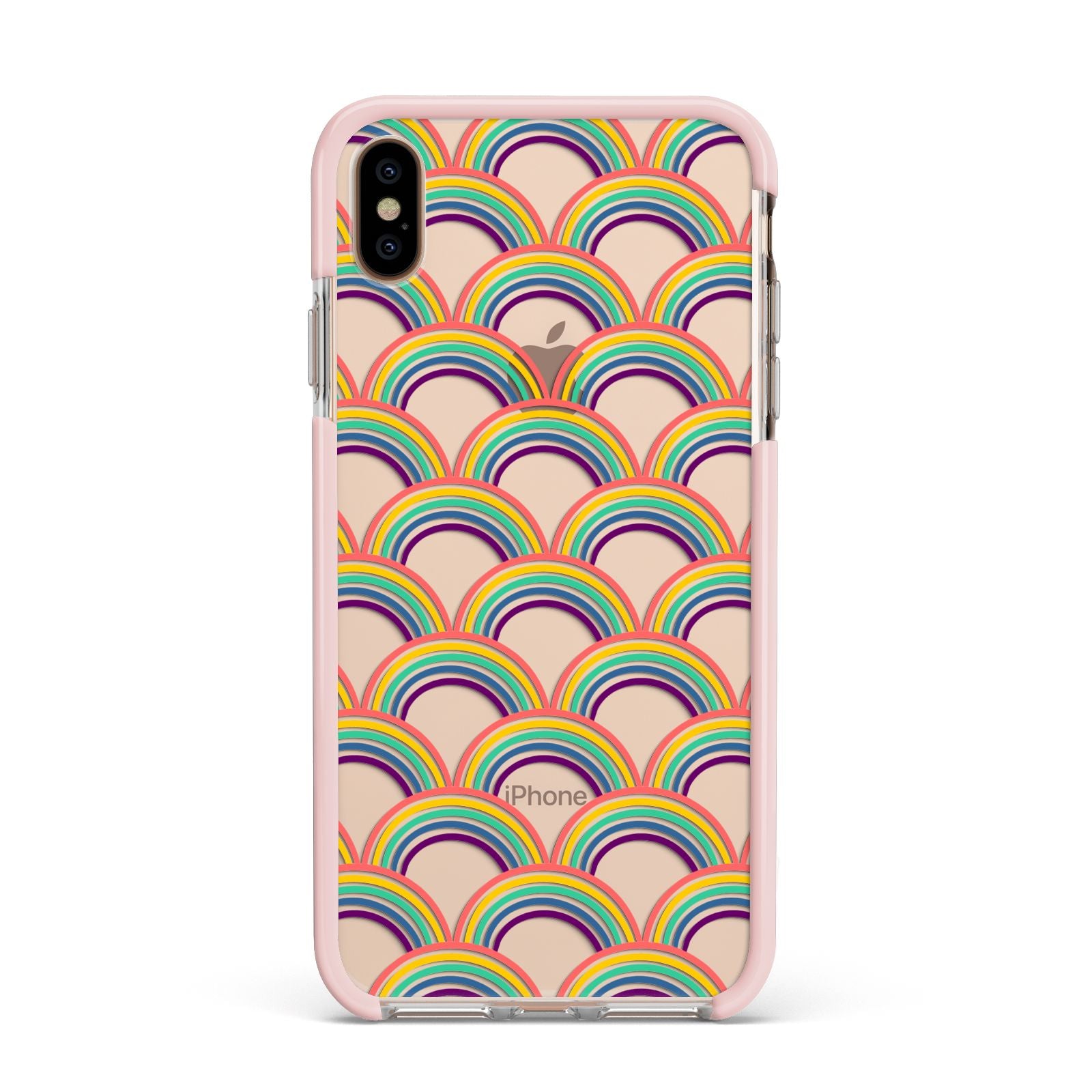 Rainbow Pattern Apple iPhone Xs Max Impact Case Pink Edge on Gold Phone