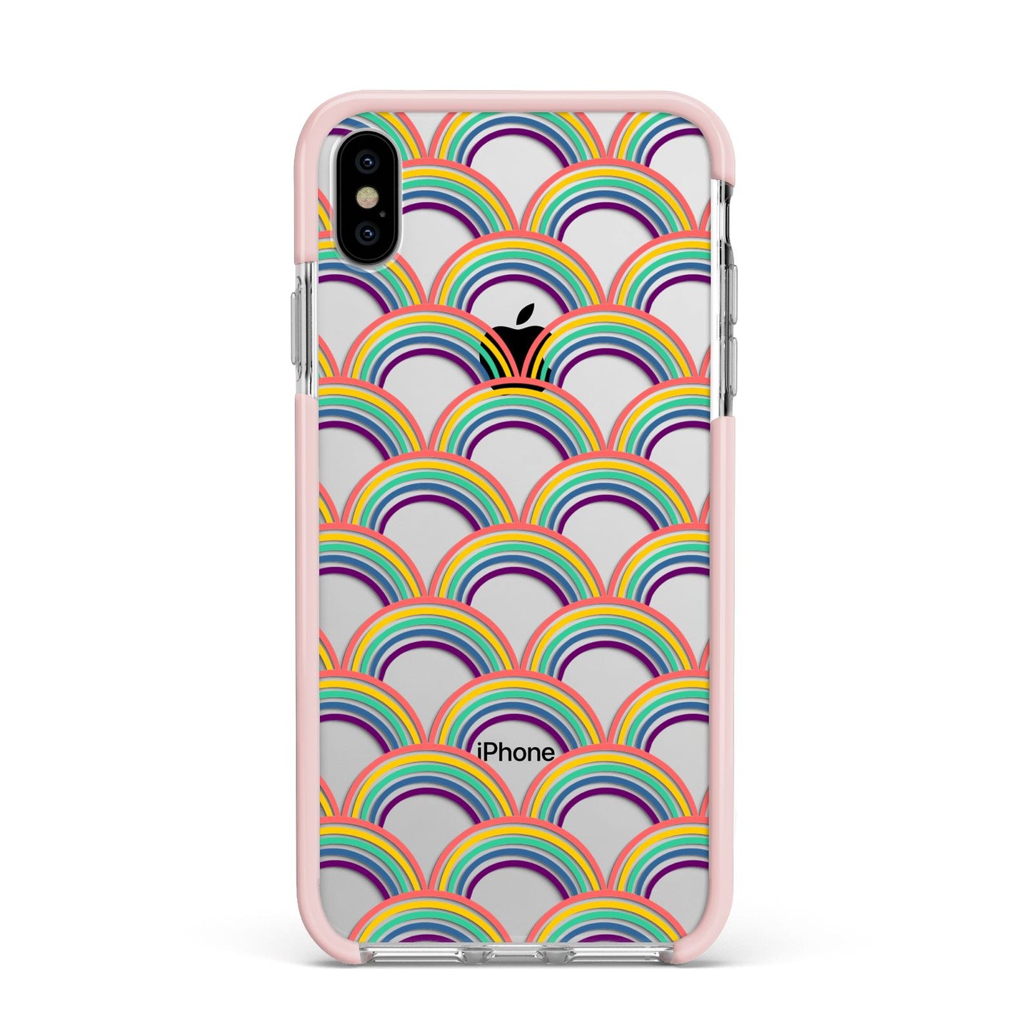 Rainbow Pattern Apple iPhone Xs Max Impact Case Pink Edge on Silver Phone