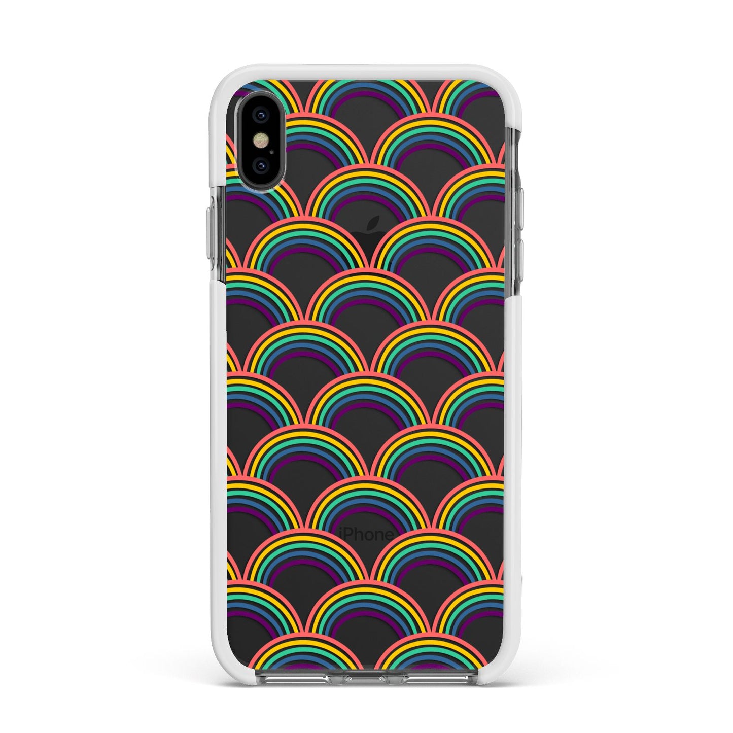 Rainbow Pattern Apple iPhone Xs Max Impact Case White Edge on Black Phone