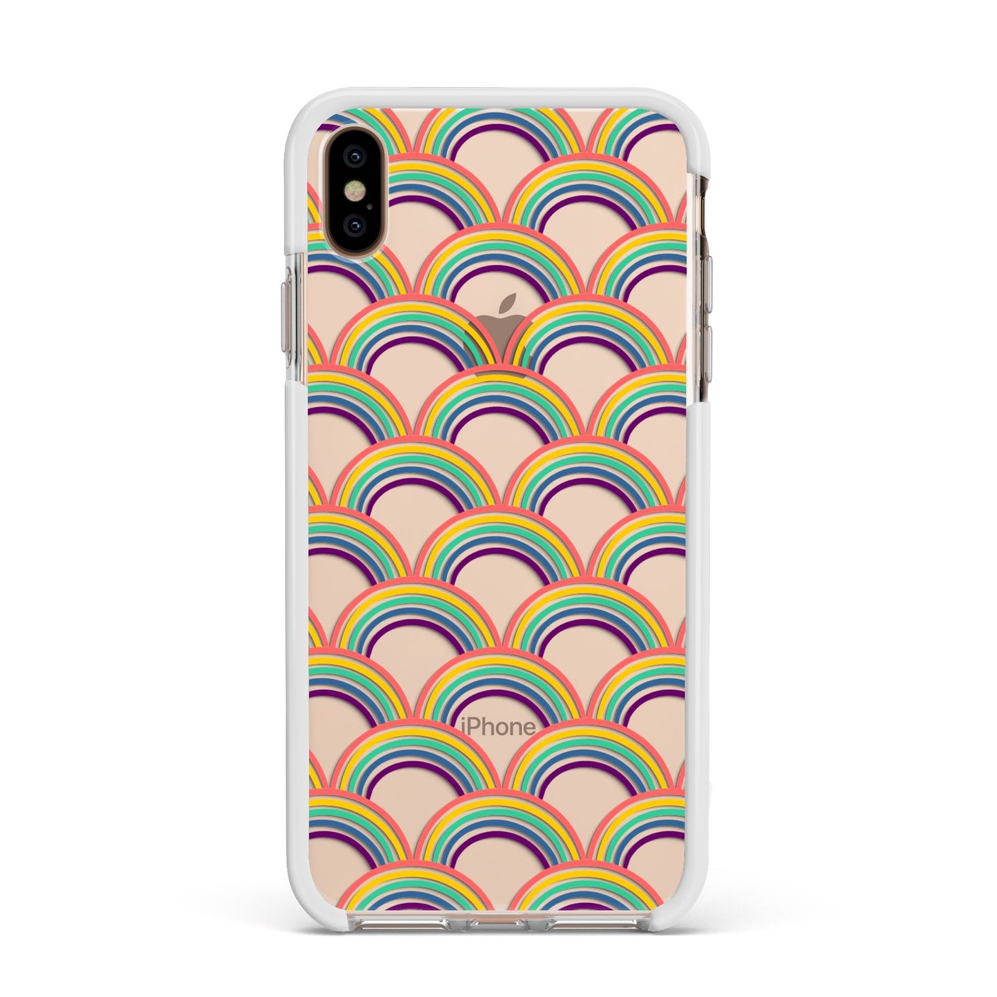 Rainbow Pattern Apple iPhone Xs Max Impact Case White Edge on Gold Phone