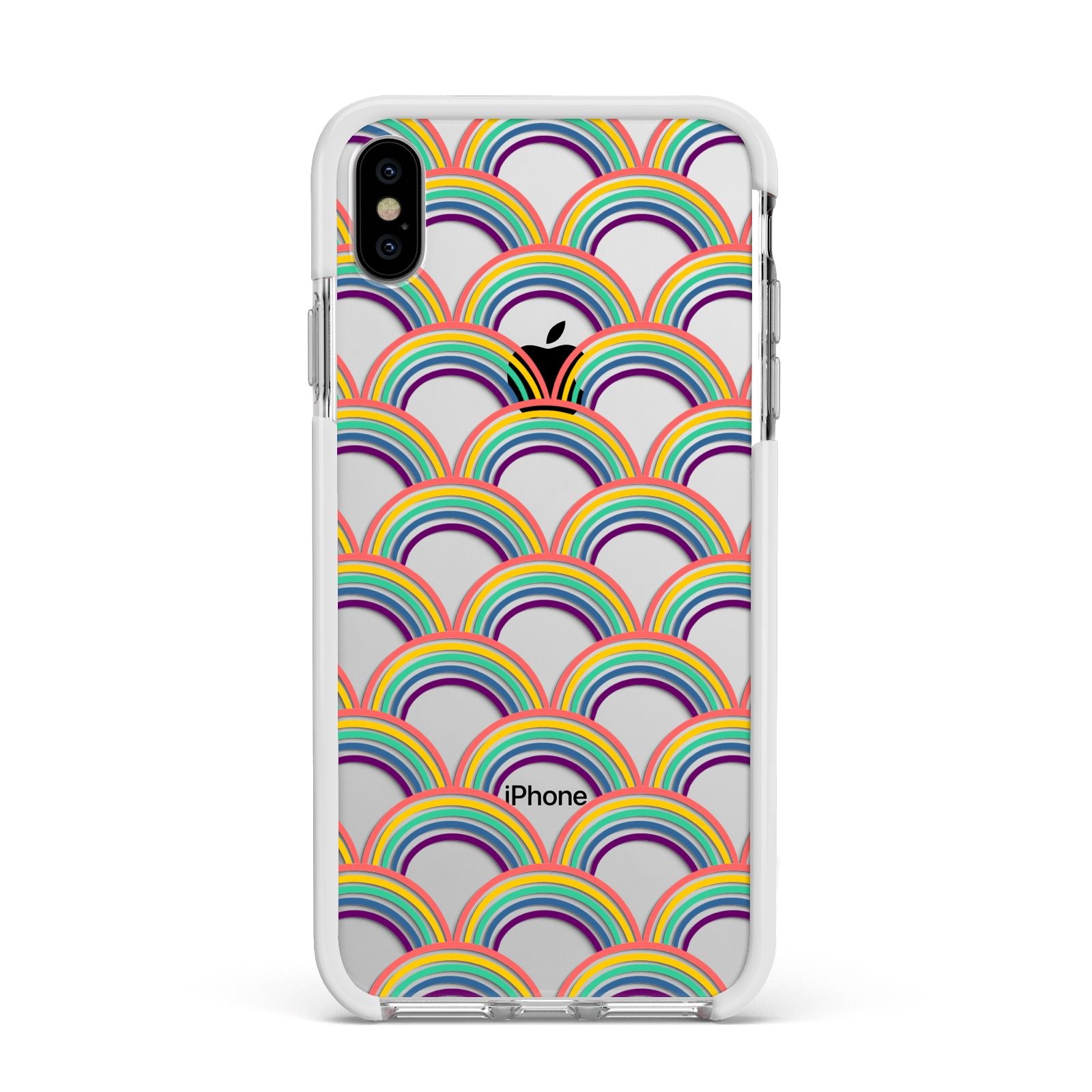 Rainbow Pattern Apple iPhone Xs Max Impact Case White Edge on Silver Phone