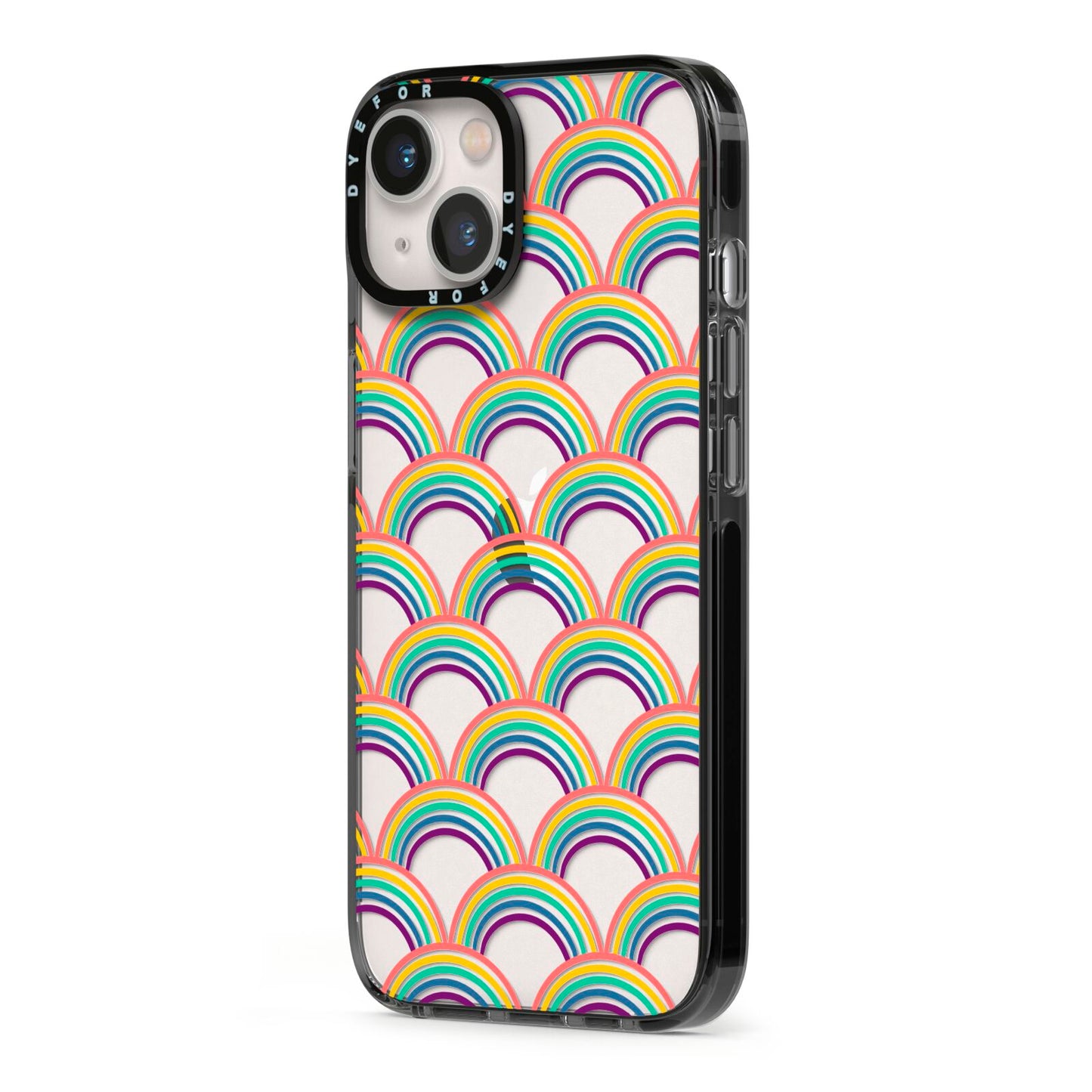 Rainbow Pattern iPhone 13 Black Impact Case Side Angle on Silver phone