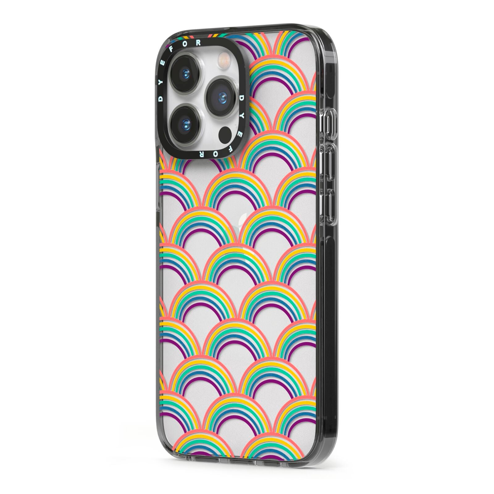 Rainbow Pattern iPhone 13 Pro Black Impact Case Side Angle on Silver phone