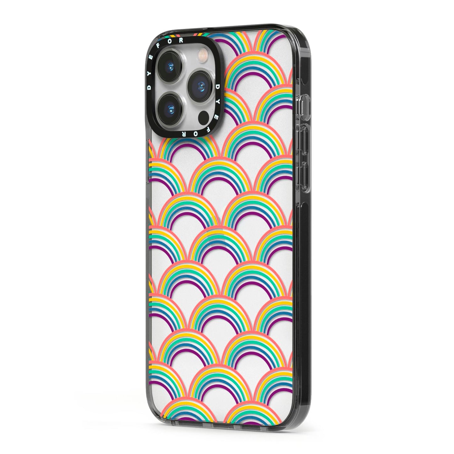 Rainbow Pattern iPhone 13 Pro Max Black Impact Case Side Angle on Silver phone