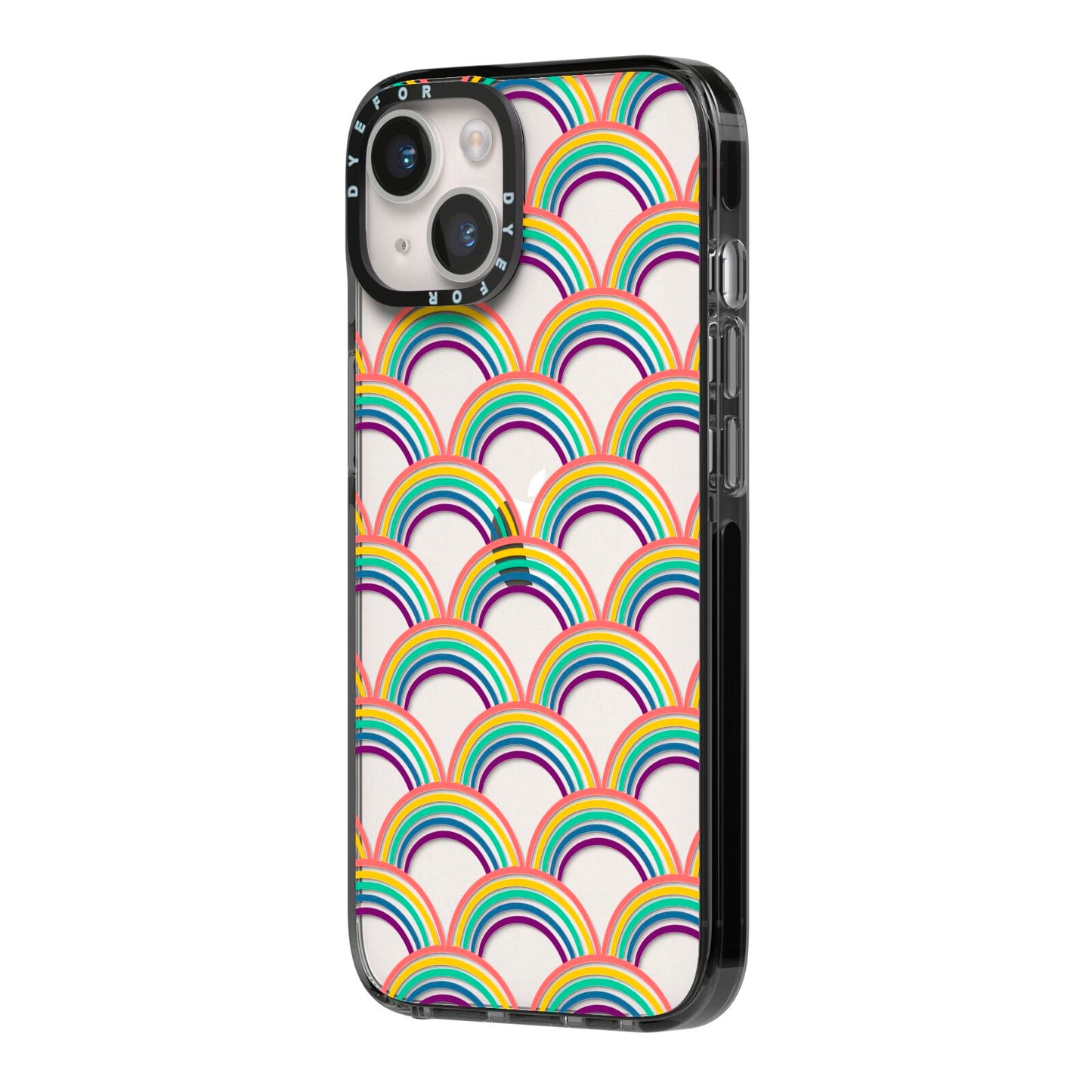 Rainbow Pattern iPhone 14 Black Impact Case Side Angle on Silver phone