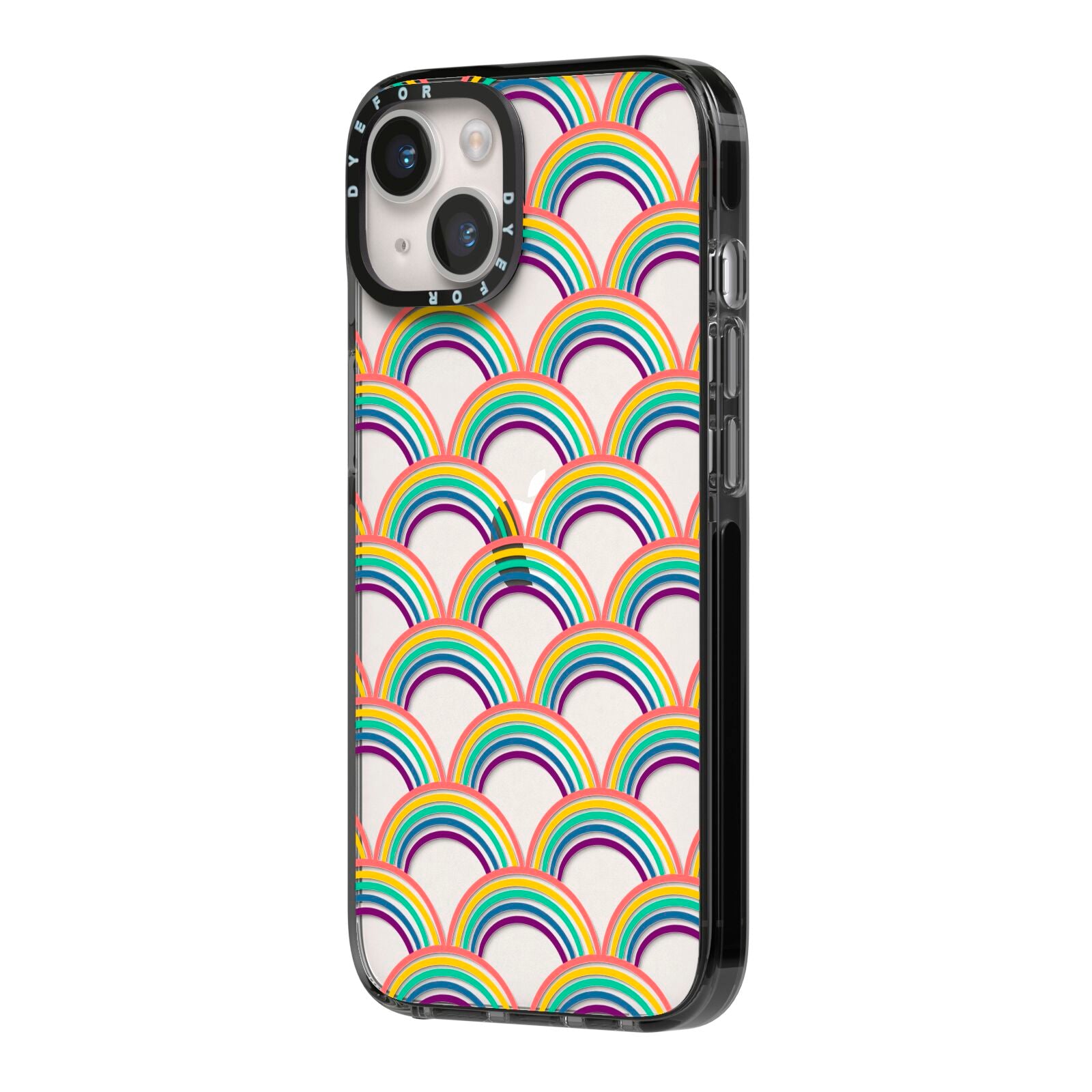 Rainbow Pattern iPhone 14 Black Impact Case Side Angle on Silver phone