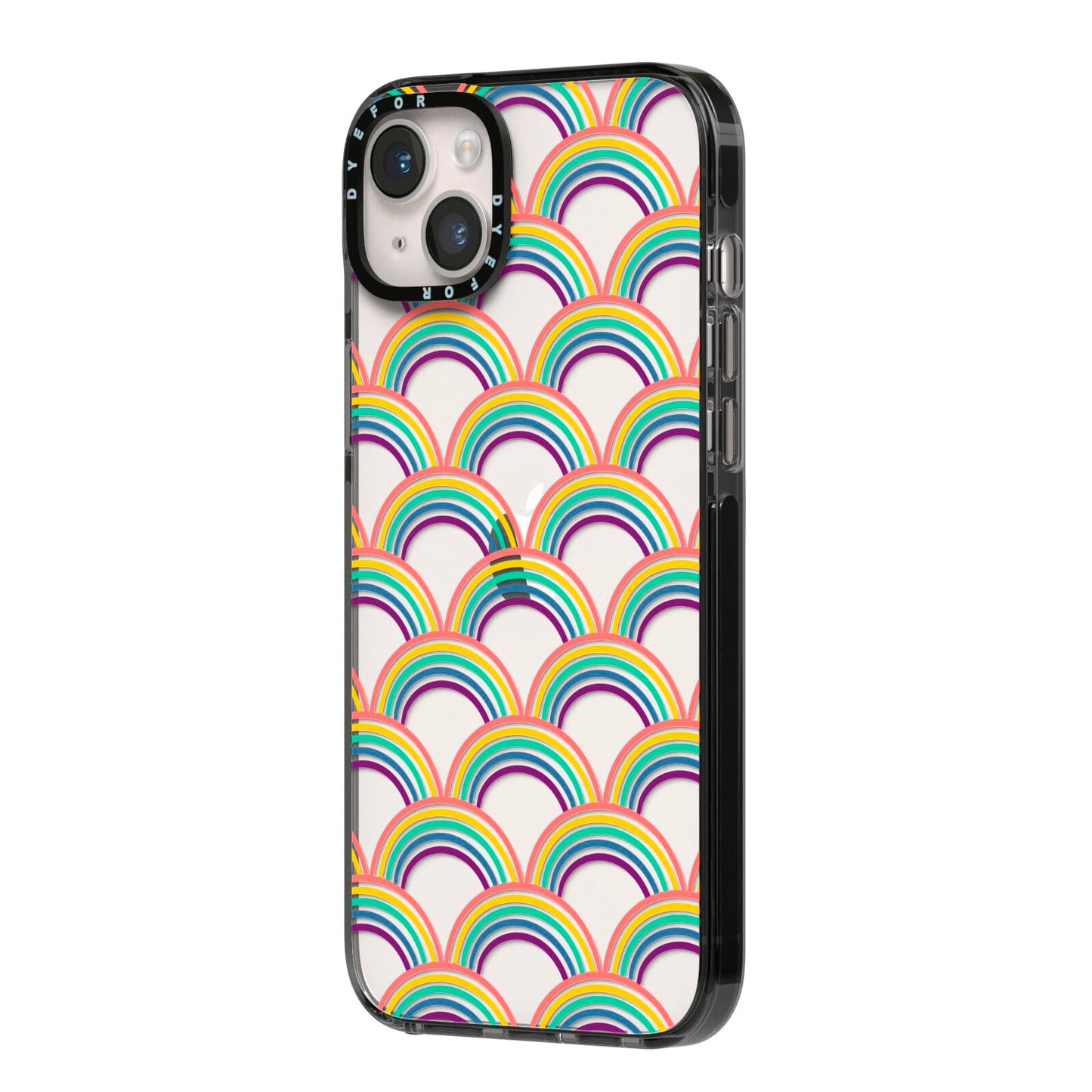 Rainbow Pattern iPhone 14 Plus Black Impact Case Side Angle on Silver phone