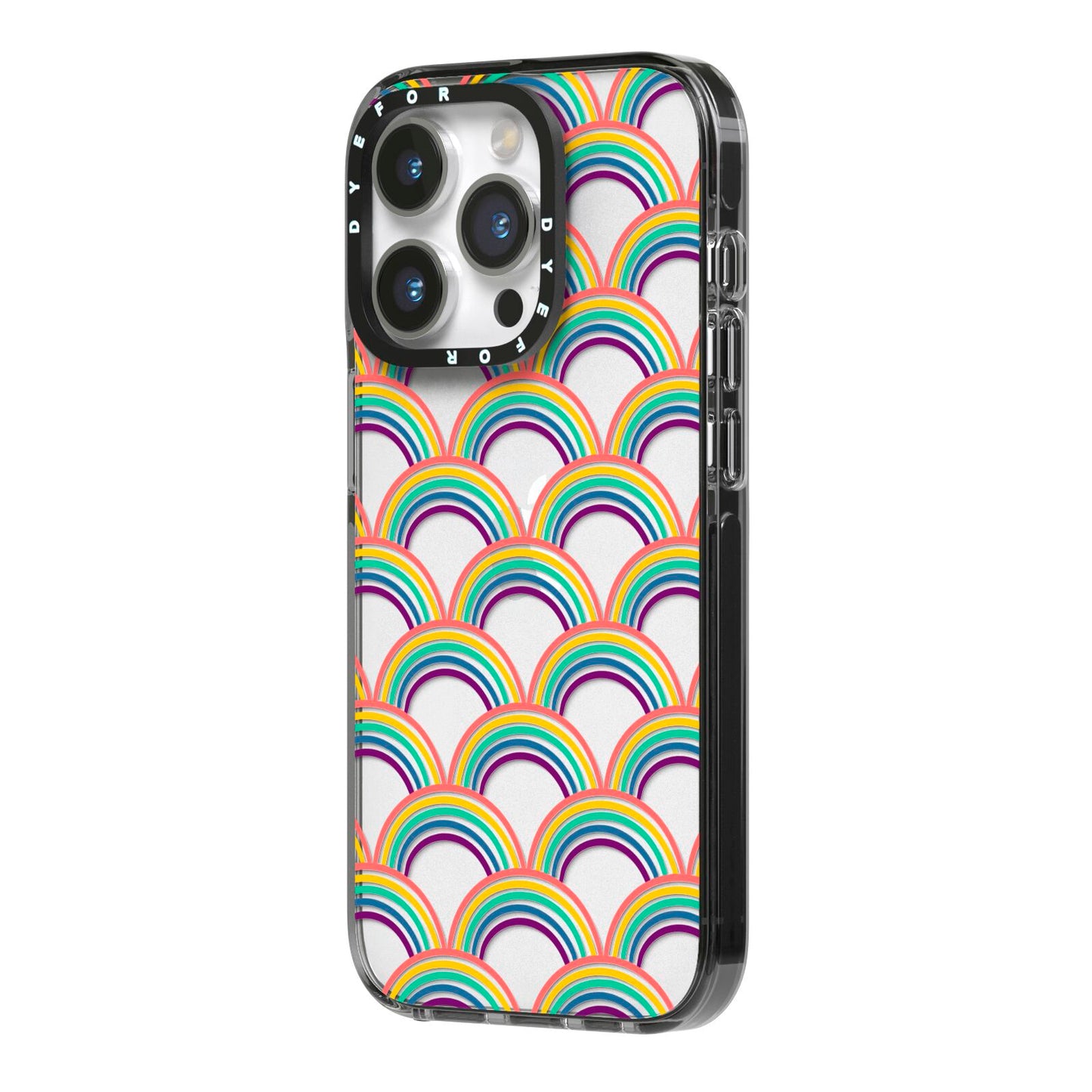 Rainbow Pattern iPhone 14 Pro Black Impact Case Side Angle on Silver phone