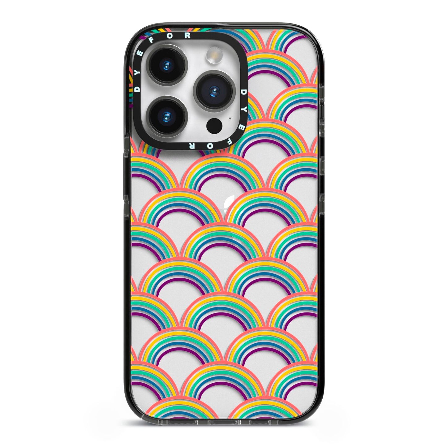 Rainbow Pattern iPhone 14 Pro Black Impact Case on Silver phone