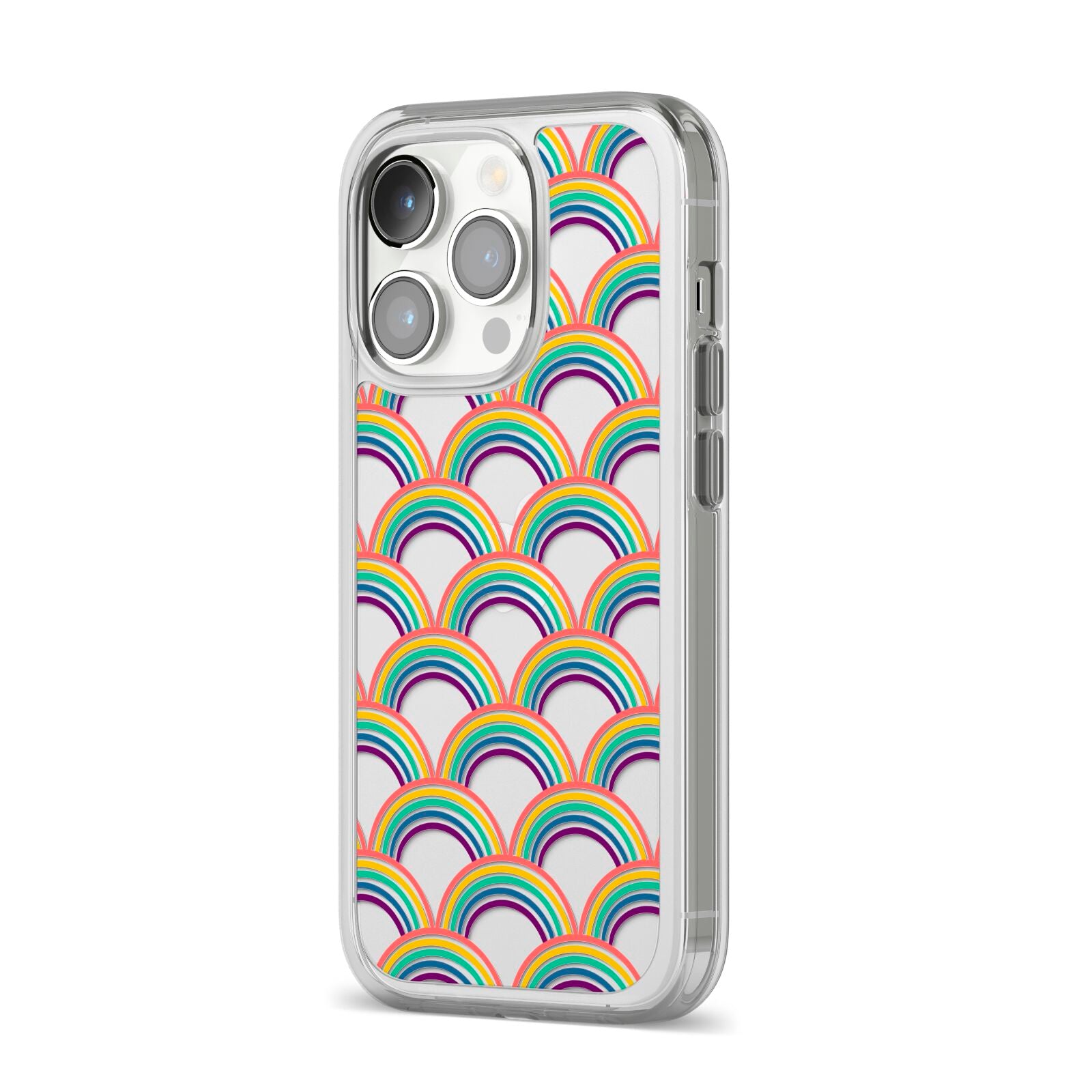 Rainbow Pattern iPhone 14 Pro Clear Tough Case Silver Angled Image