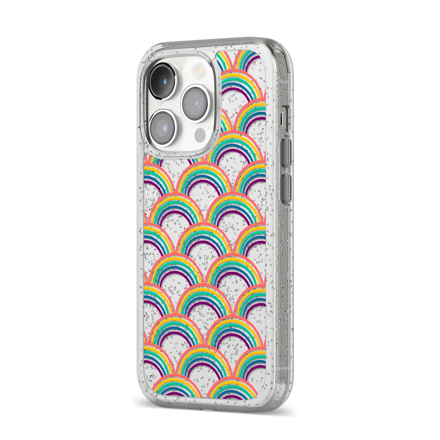 Rainbow Pattern iPhone 14 Pro Glitter Tough Case Silver Angled Image