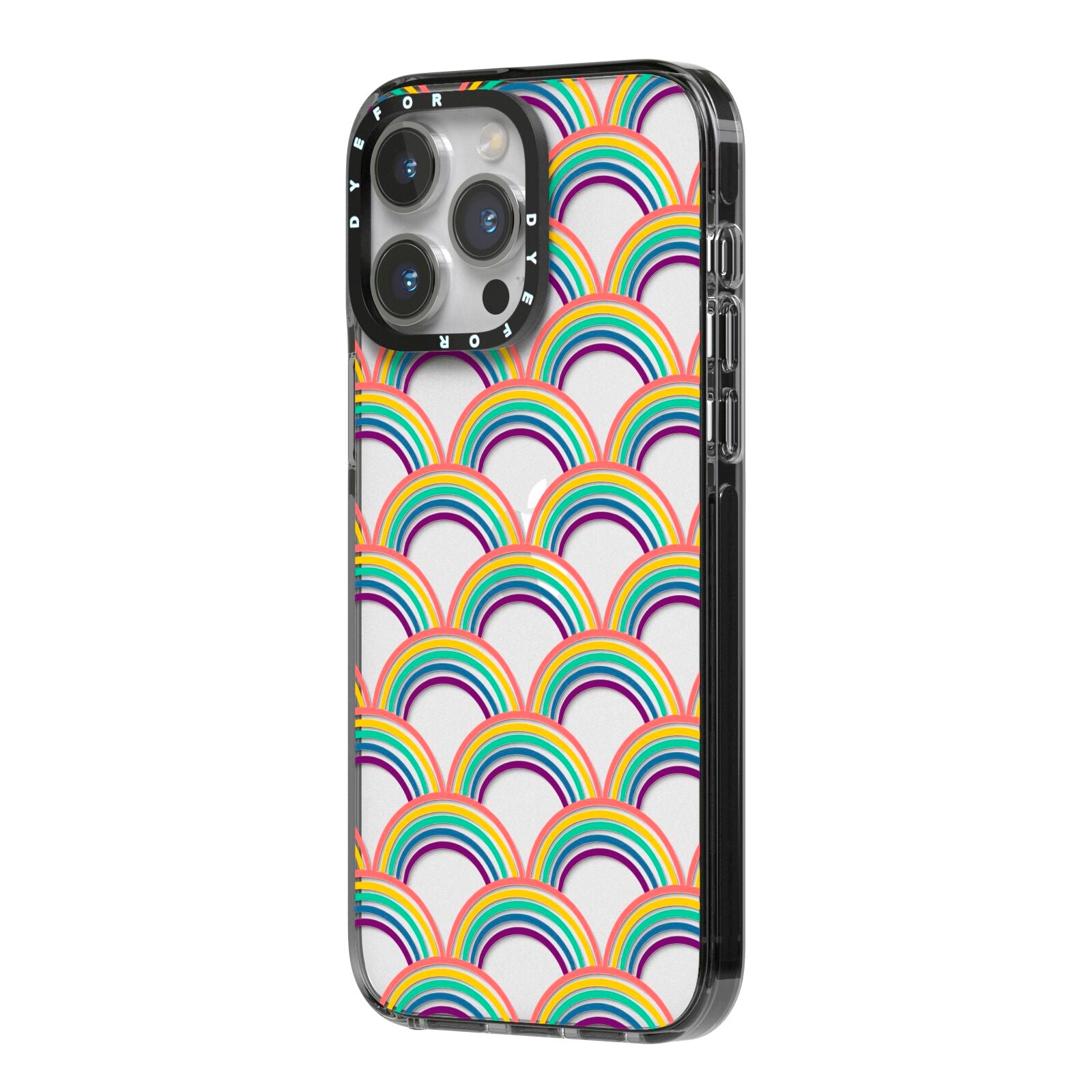 Rainbow Pattern iPhone 14 Pro Max Black Impact Case Side Angle on Silver phone