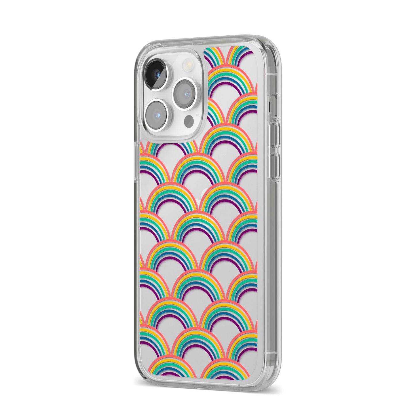 Rainbow Pattern iPhone 14 Pro Max Clear Tough Case Silver Angled Image