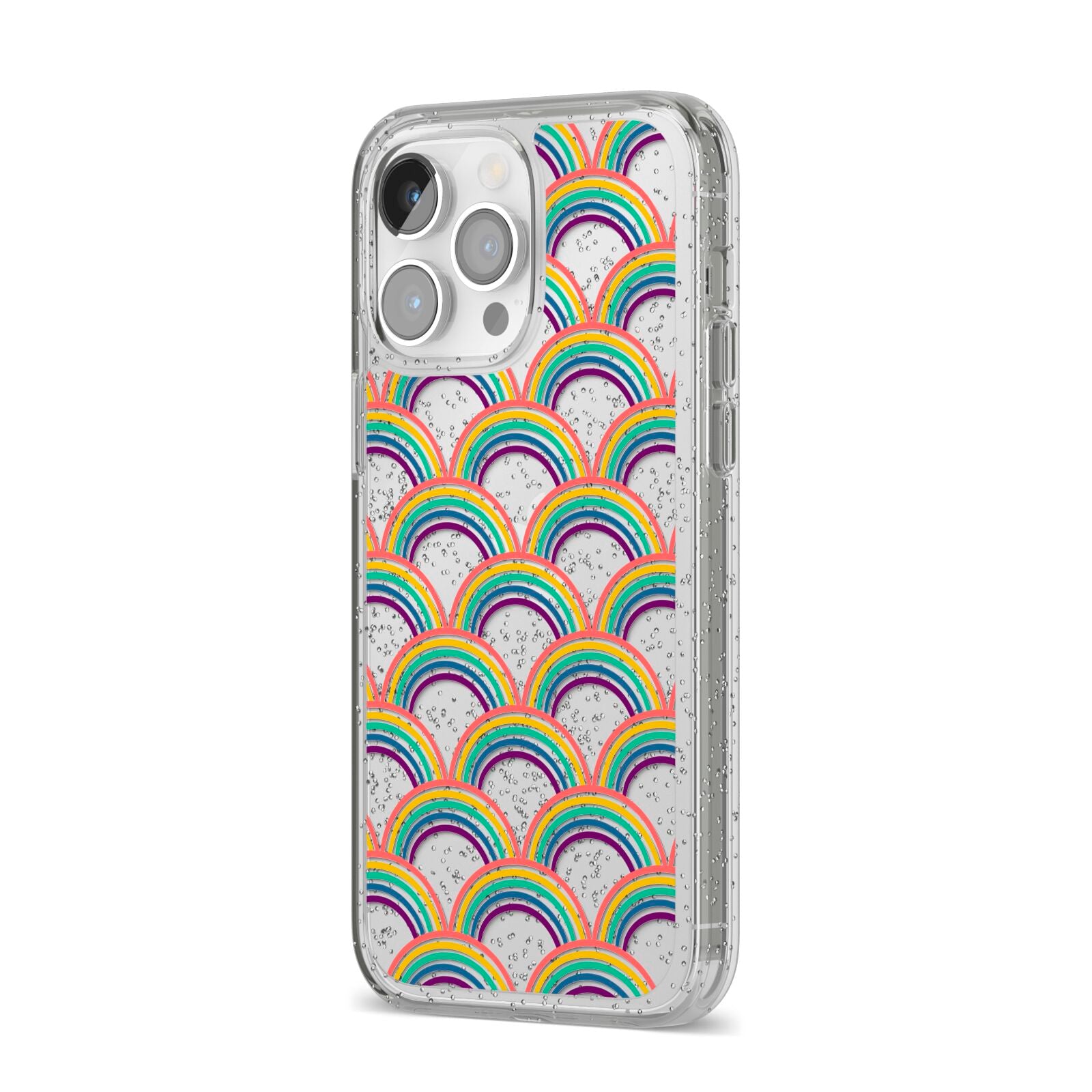 Rainbow Pattern iPhone 14 Pro Max Glitter Tough Case Silver Angled Image