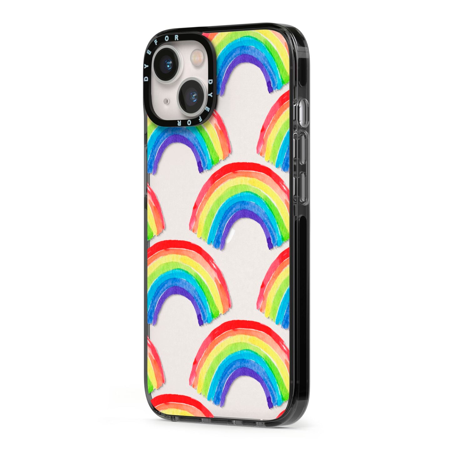 Rainbow iPhone 13 Black Impact Case Side Angle on Silver phone