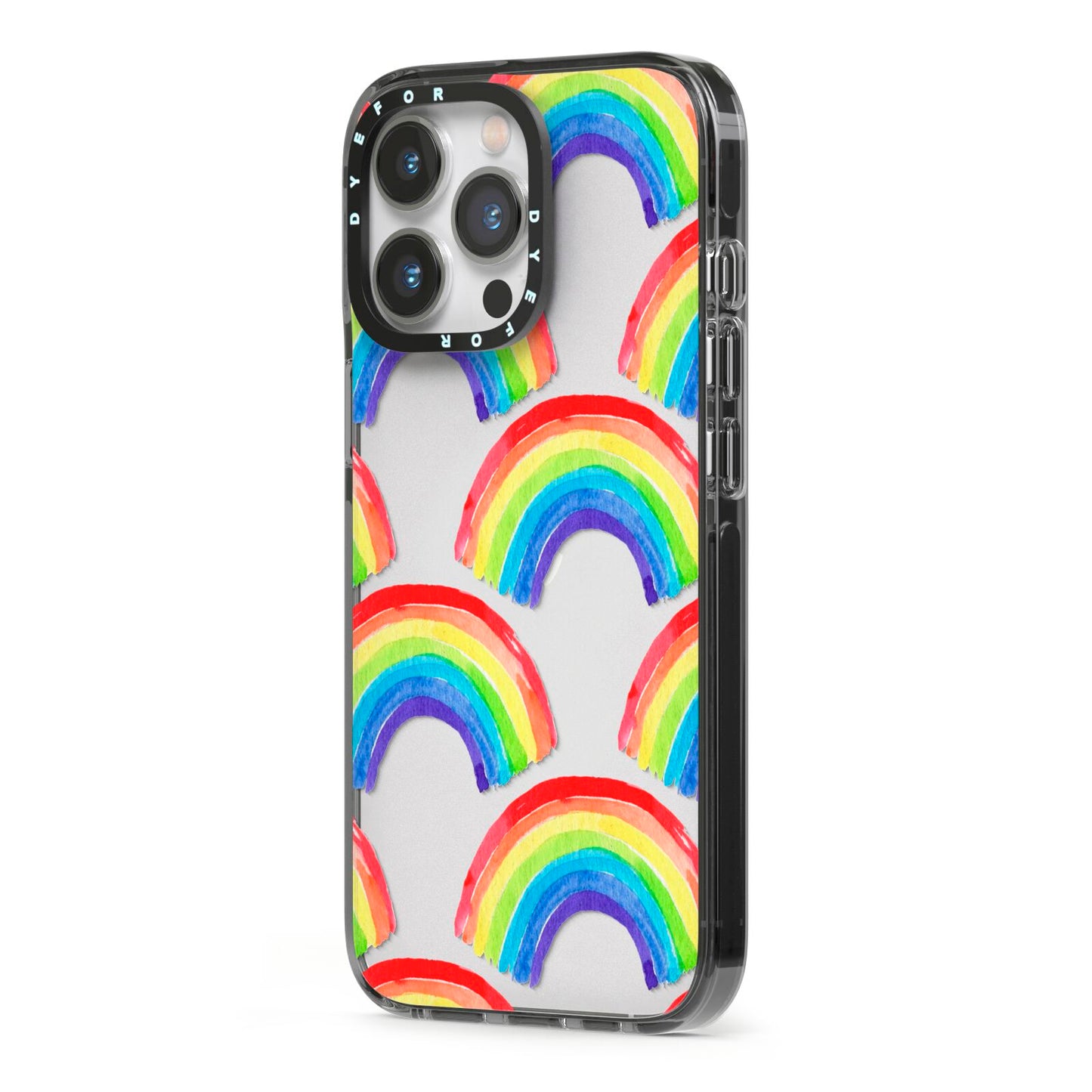 Rainbow iPhone 13 Pro Black Impact Case Side Angle on Silver phone