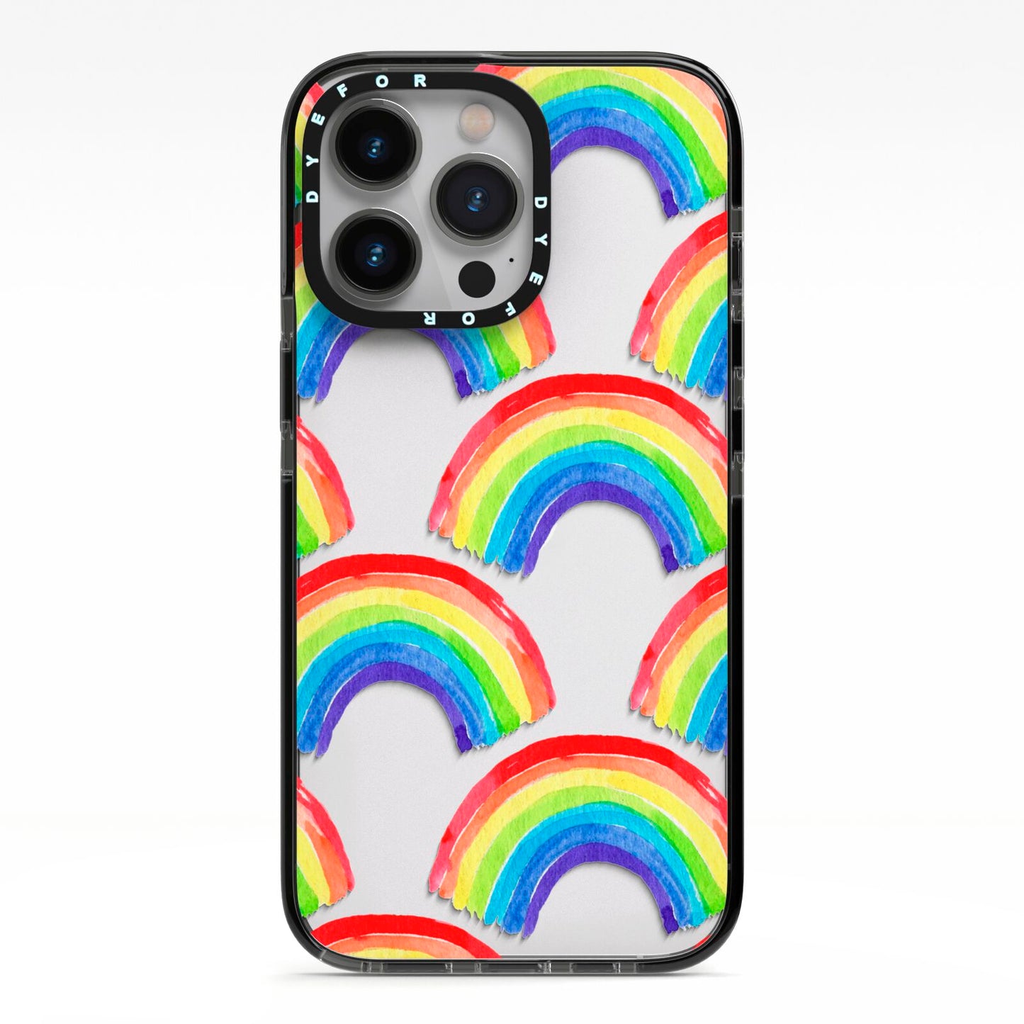 Rainbow iPhone 13 Pro Black Impact Case on Silver phone