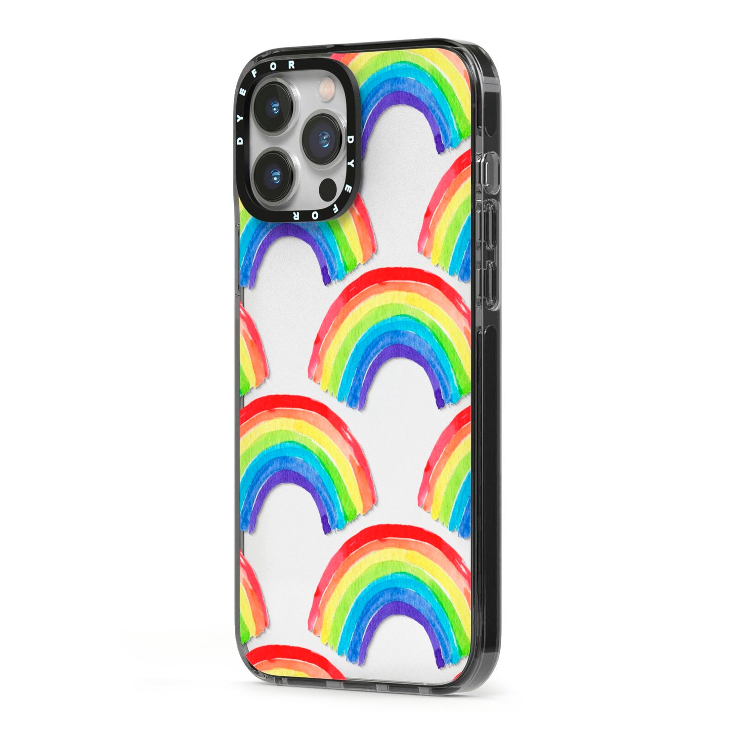 Rainbow iPhone 13 Pro Max Black Impact Case Side Angle on Silver phone