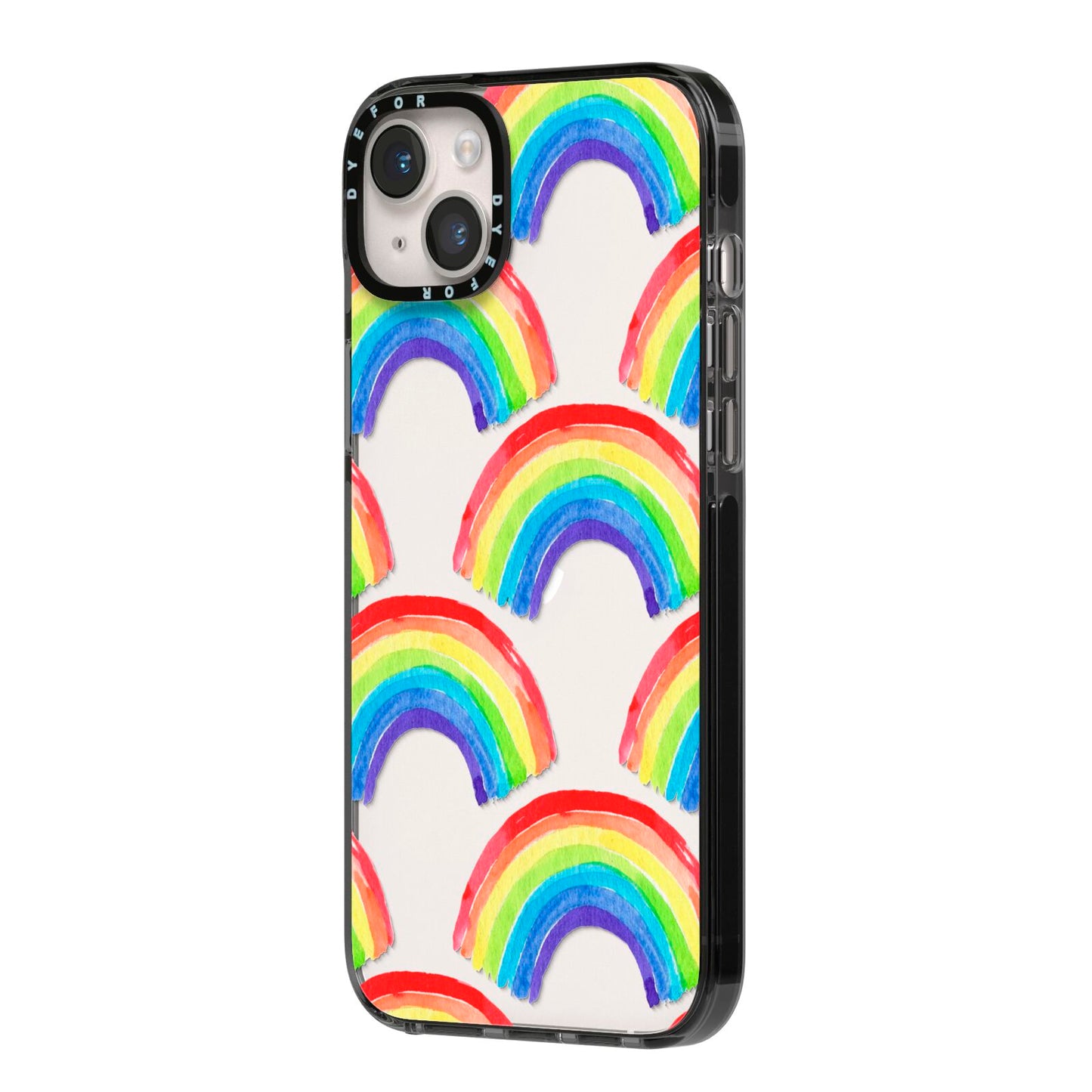 Rainbow iPhone 14 Plus Black Impact Case Side Angle on Silver phone