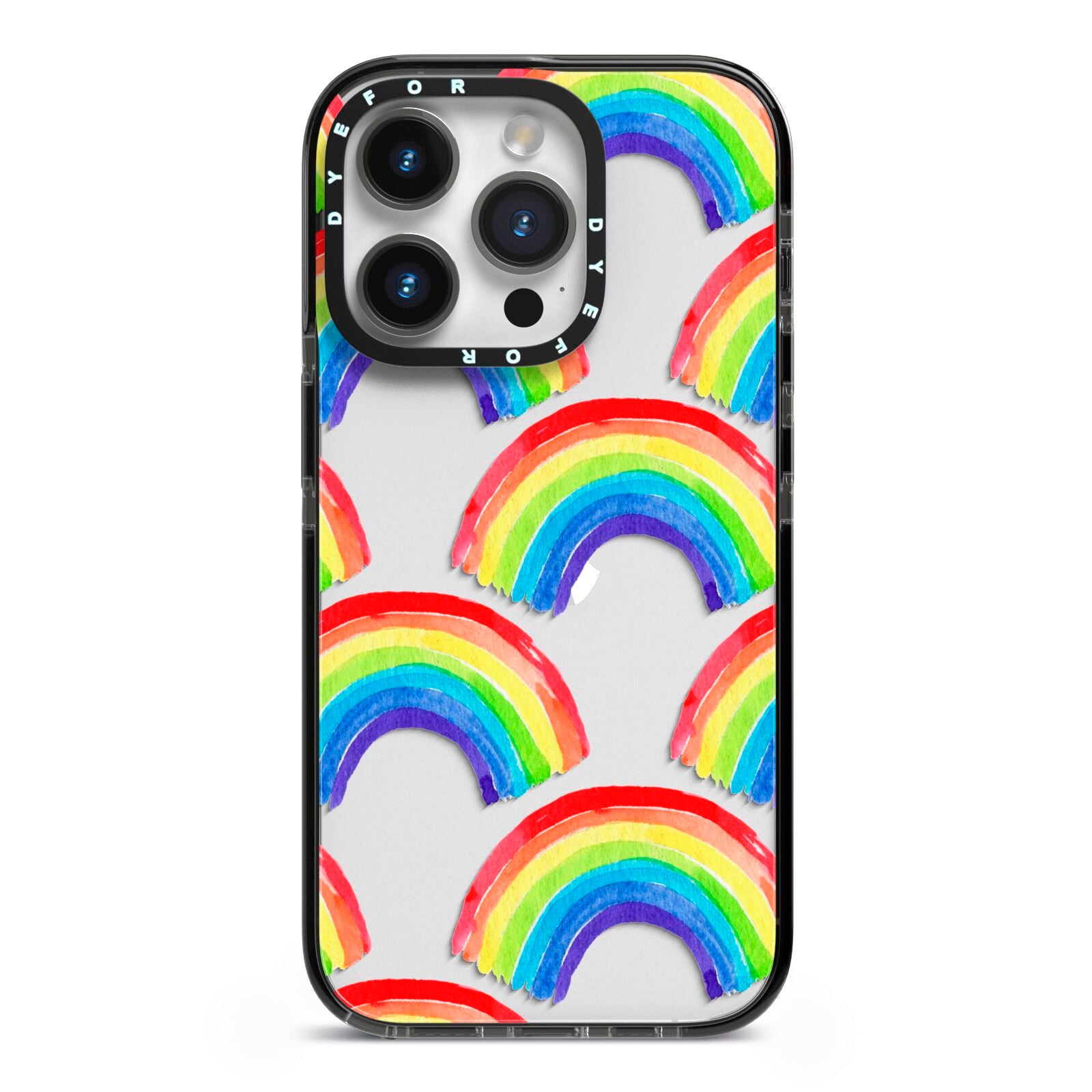 Rainbow iPhone 14 Pro Black Impact Case on Silver phone