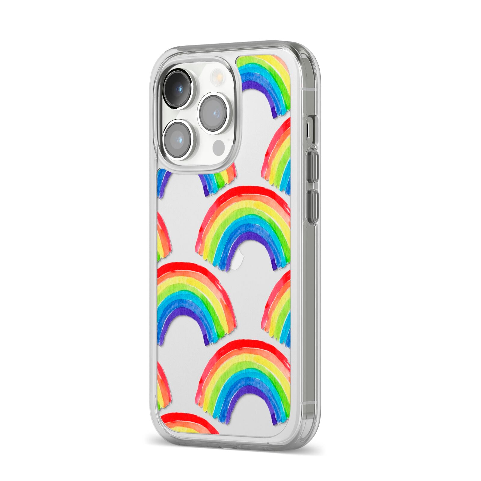 Rainbow iPhone 14 Pro Clear Tough Case Silver Angled Image