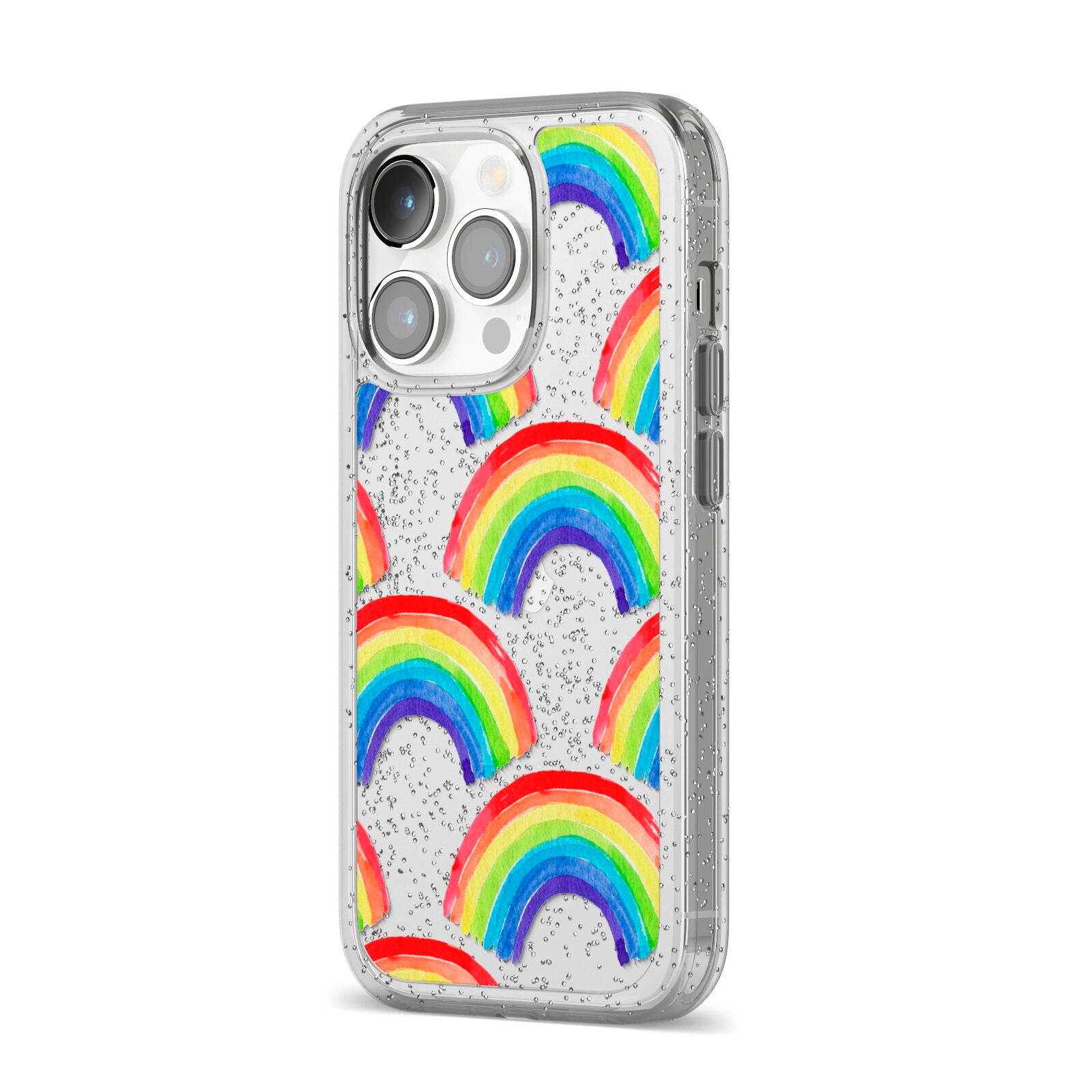 Rainbow iPhone 14 Pro Glitter Tough Case Silver Angled Image