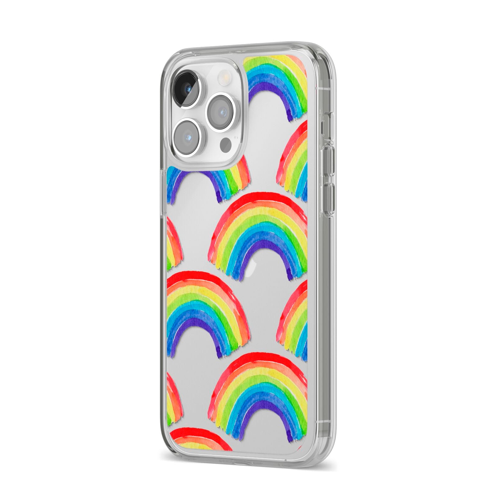 Rainbow iPhone 14 Pro Max Clear Tough Case Silver Angled Image