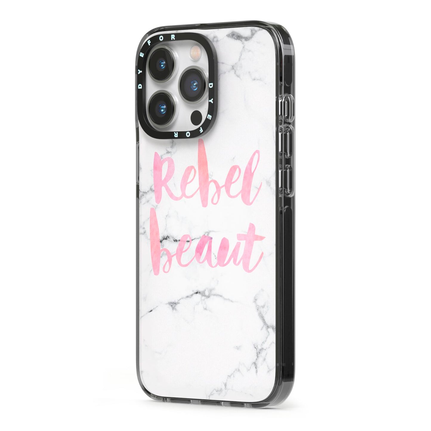 Rebel Heart Grey Marble Effect iPhone 13 Pro Black Impact Case Side Angle on Silver phone