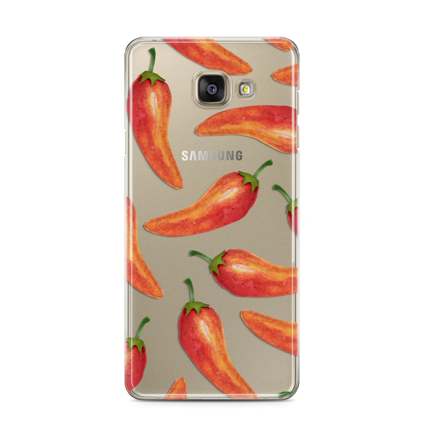 Red Chillies Samsung Galaxy A3 2016 Case on gold phone