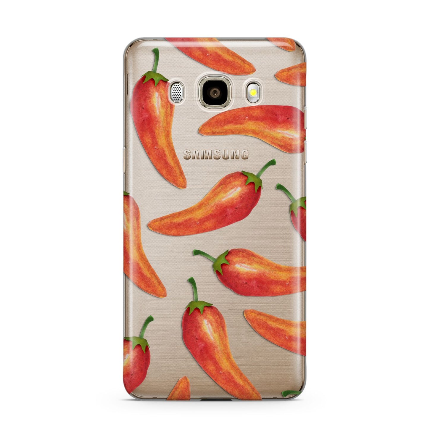 Red Chillies Samsung Galaxy J7 2016 Case on gold phone