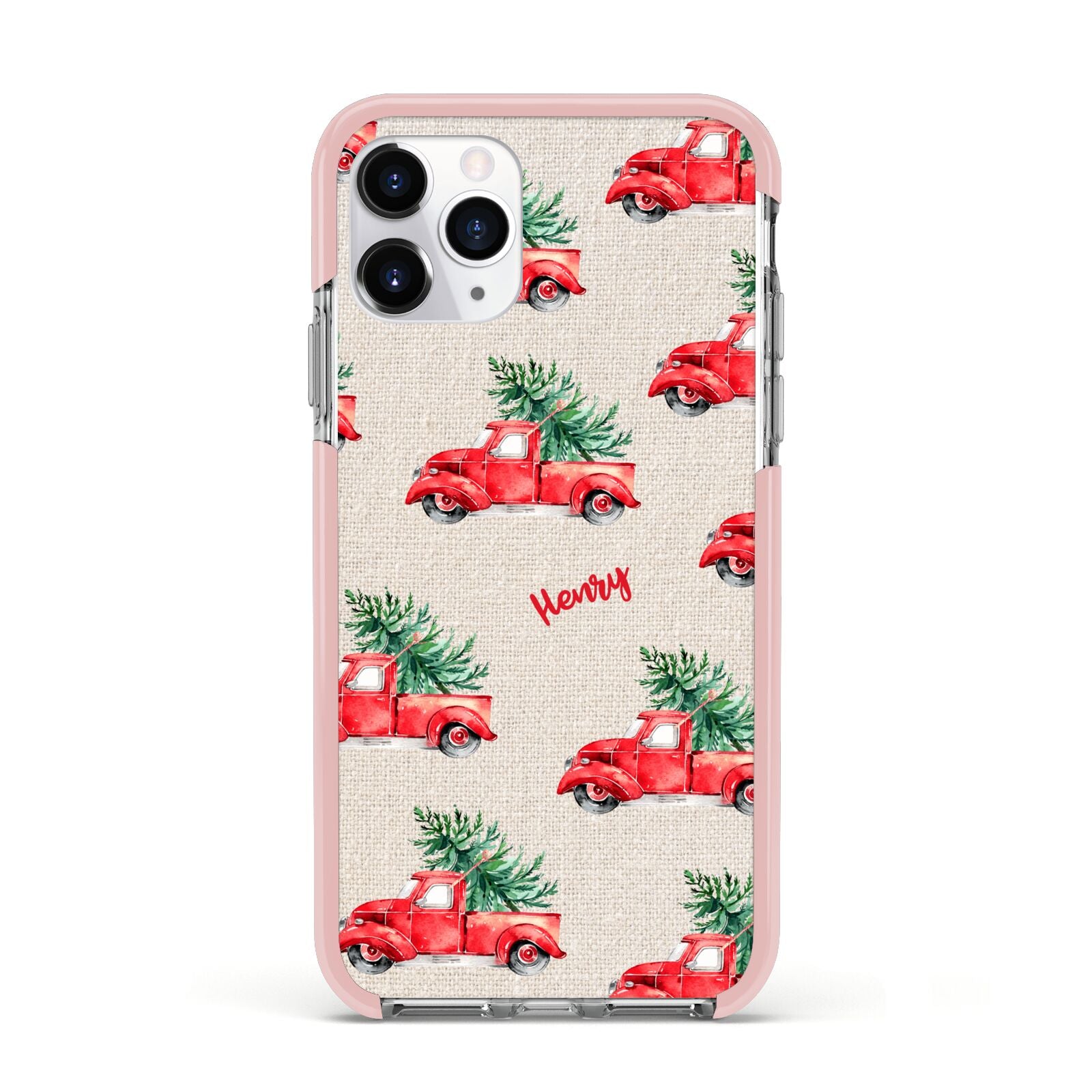 Red Christmas Truck Personalised Apple iPhone 11 Pro in Silver with Pink Impact Case