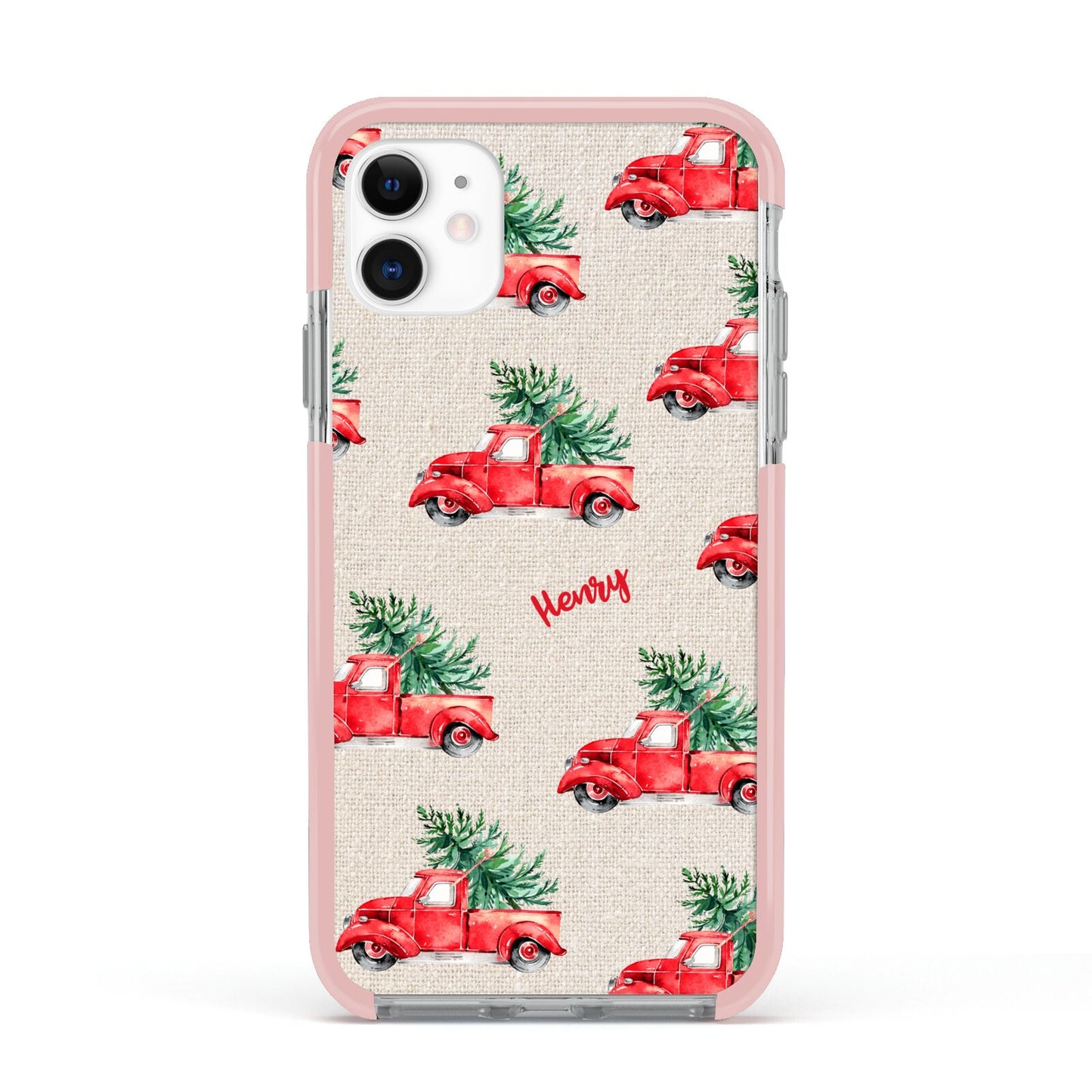 Red Christmas Truck Personalised Apple iPhone 11 in White with Pink Impact Case