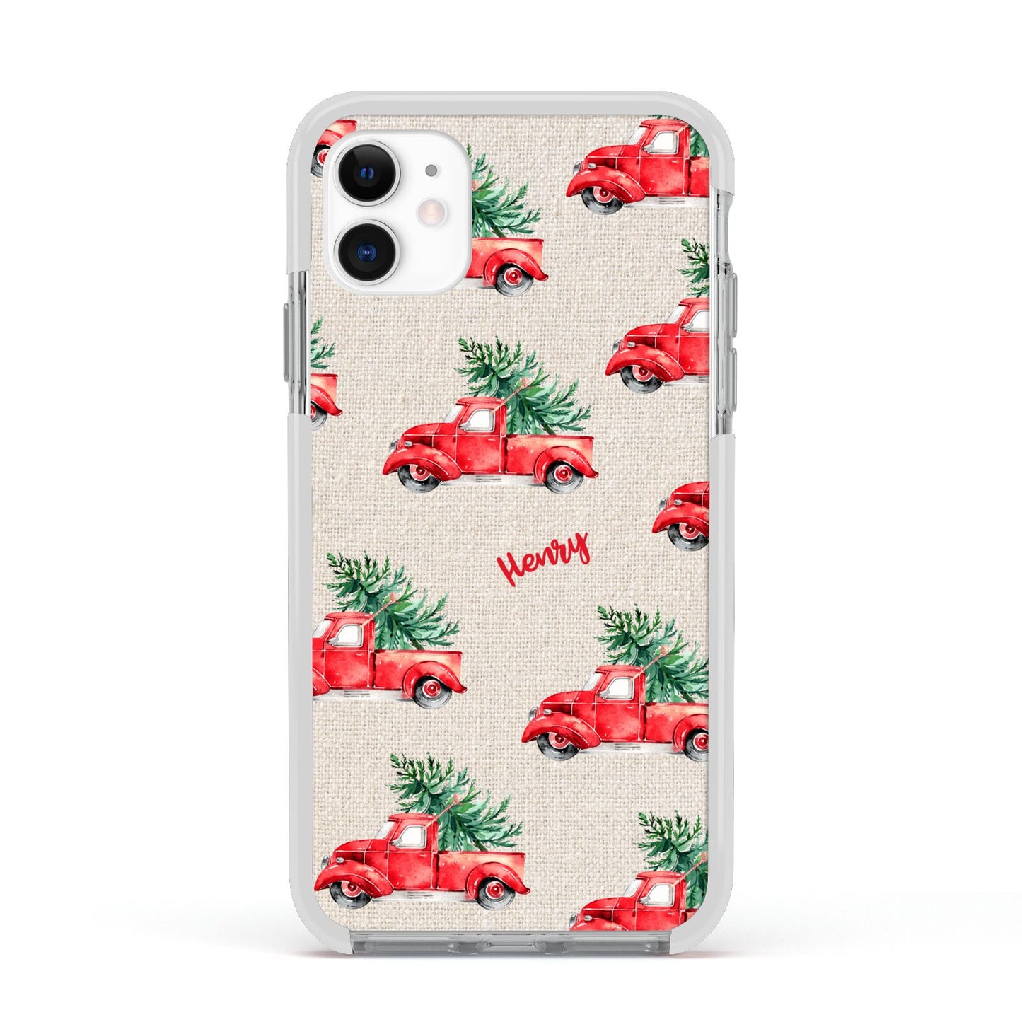 Red Christmas Truck Personalised Apple iPhone 11 in White with White Impact Case