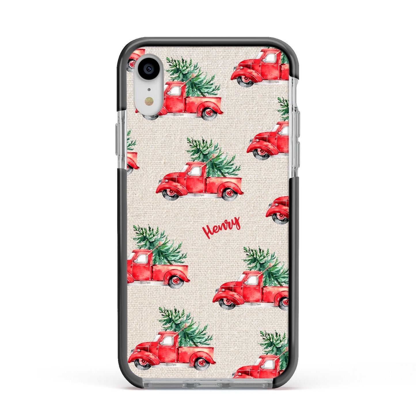 Red Christmas Truck Personalised Apple iPhone XR Impact Case Black Edge on Silver Phone