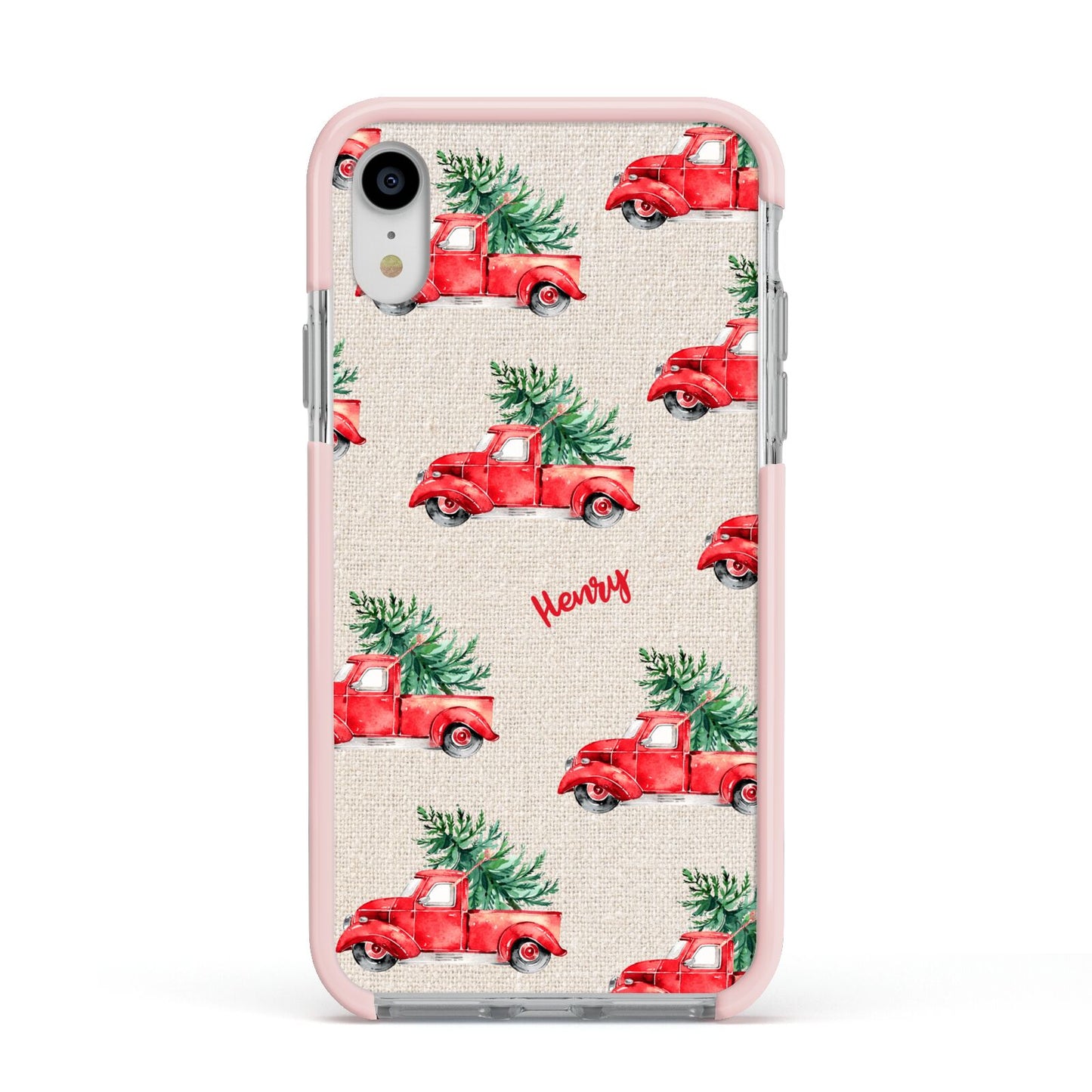 Red Christmas Truck Personalised Apple iPhone XR Impact Case Pink Edge on Silver Phone