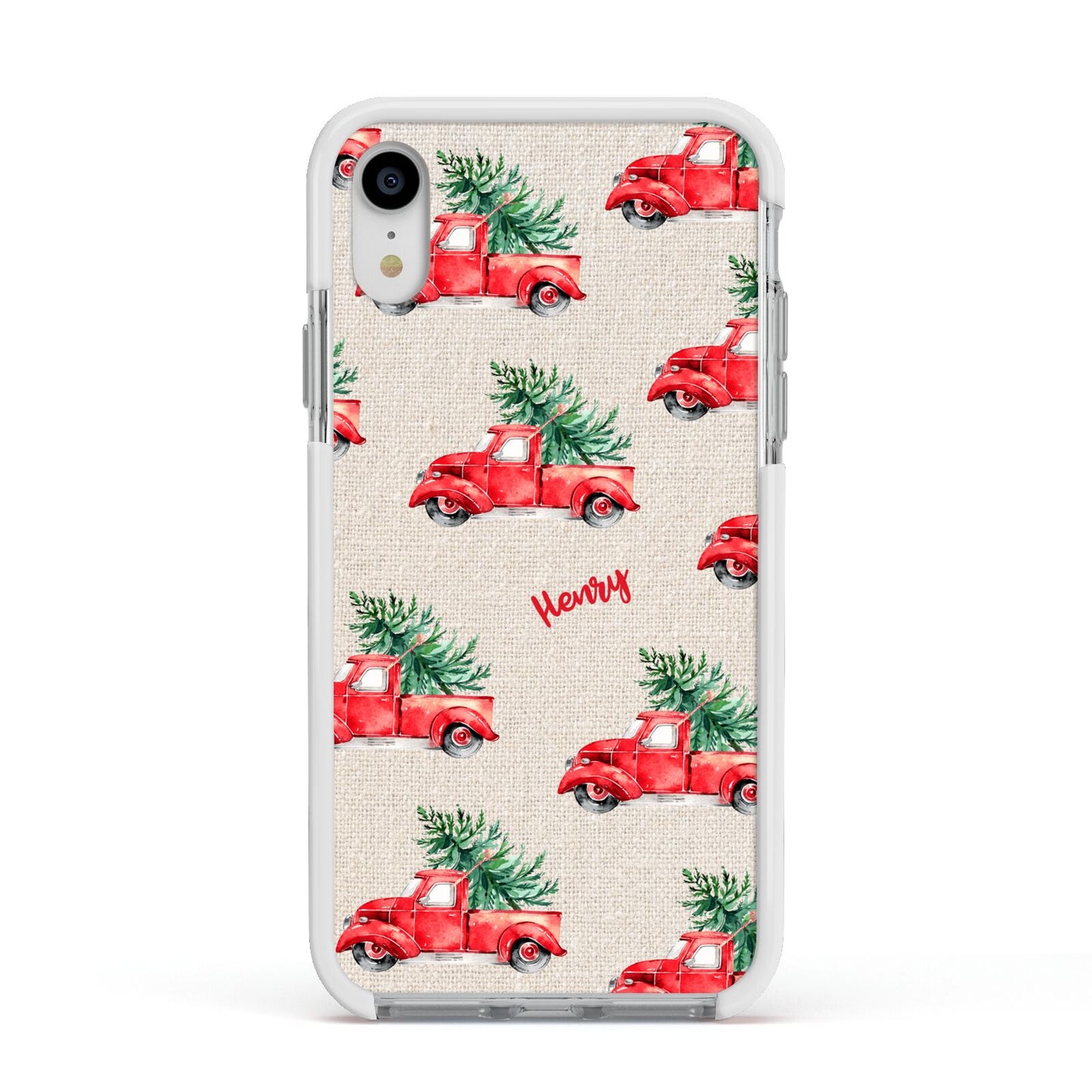 Red Christmas Truck Personalised Apple iPhone XR Impact Case White Edge on Silver Phone