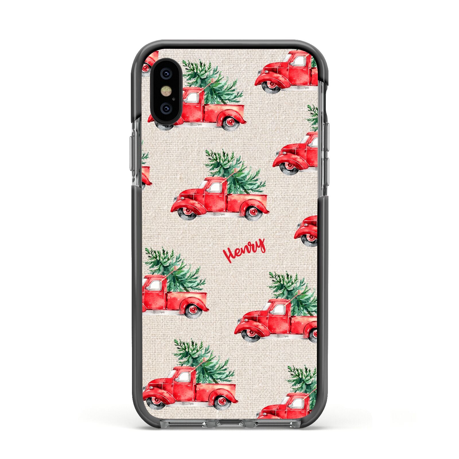 Red Christmas Truck Personalised Apple iPhone Xs Impact Case Black Edge on Black Phone