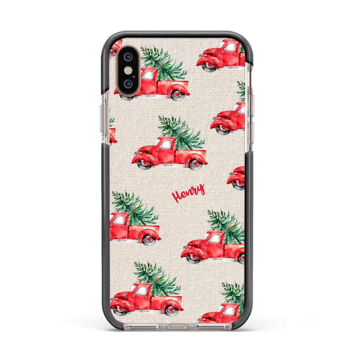 Red Christmas Truck Personalised Apple iPhone Xs Impact Case Black Edge on Gold Phone