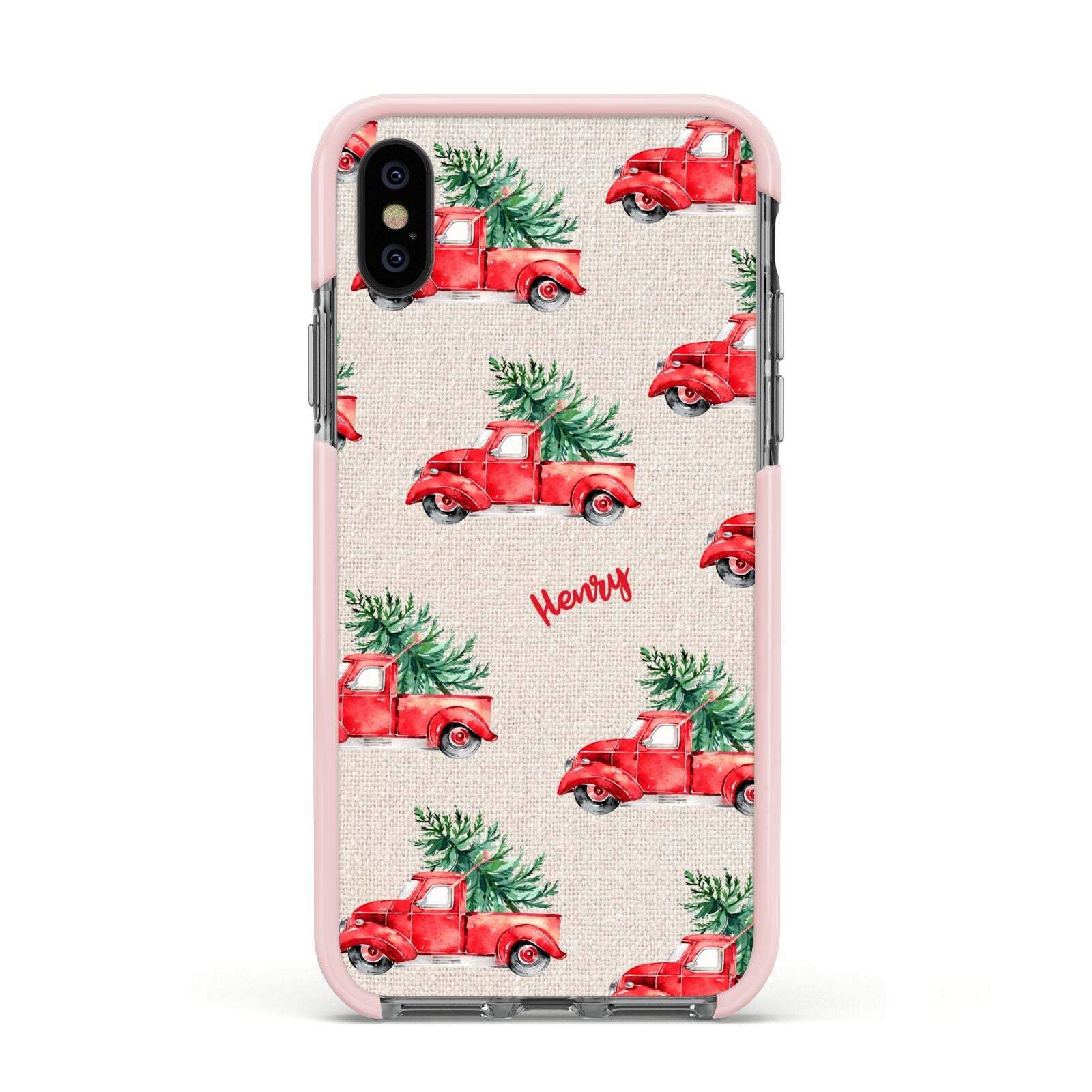 Red Christmas Truck Personalised Apple iPhone Xs Impact Case Pink Edge on Black Phone