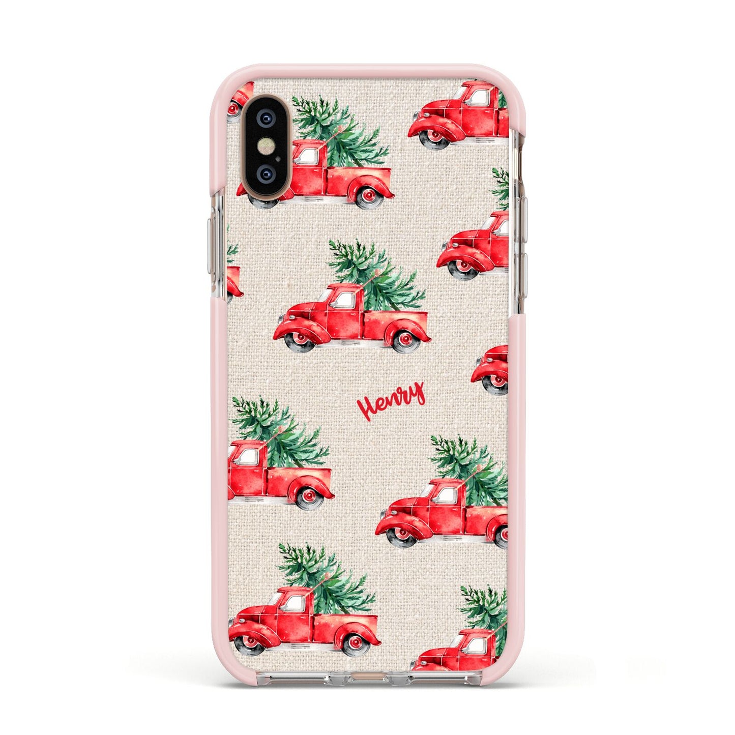 Red Christmas Truck Personalised Apple iPhone Xs Impact Case Pink Edge on Gold Phone