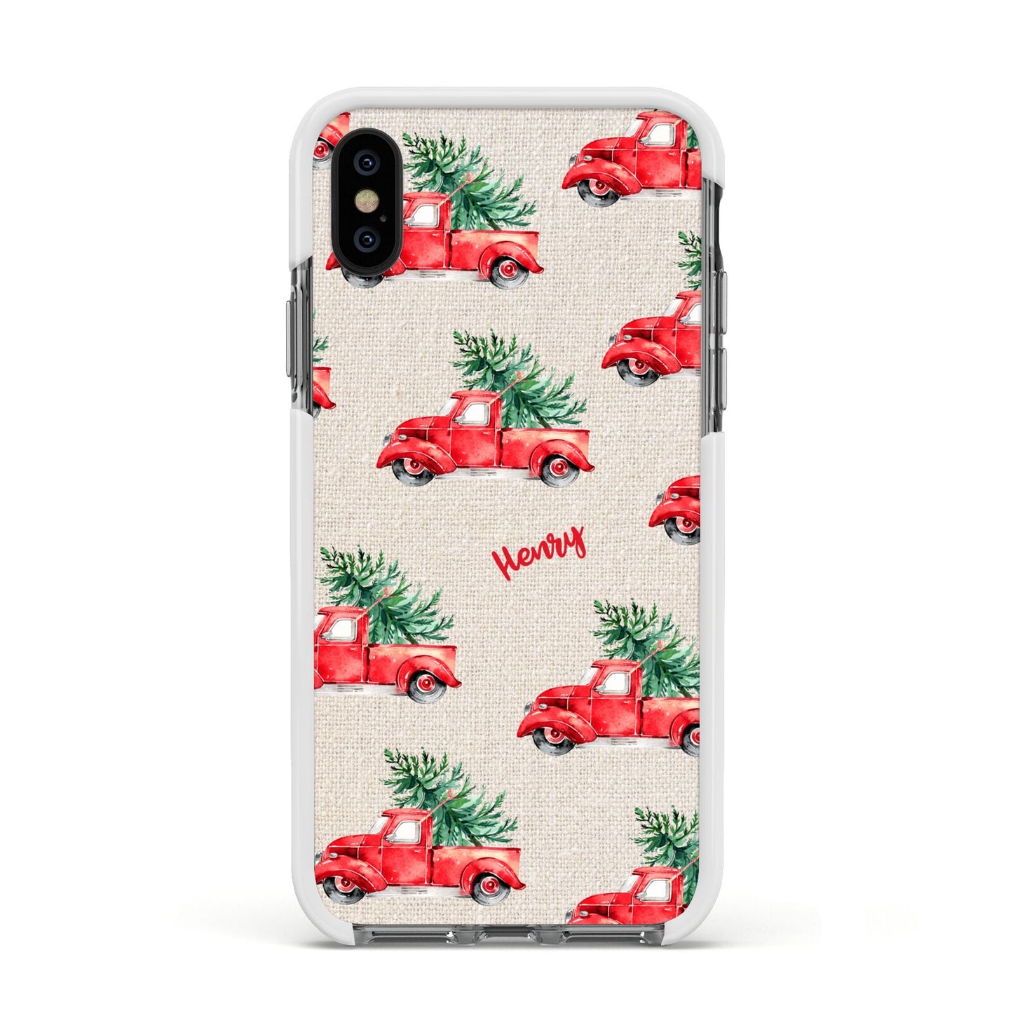 Red Christmas Truck Personalised Apple iPhone Xs Impact Case White Edge on Black Phone