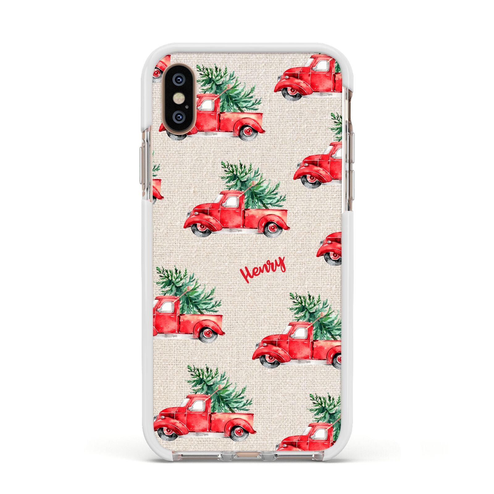 Red Christmas Truck Personalised Apple iPhone Xs Impact Case White Edge on Gold Phone